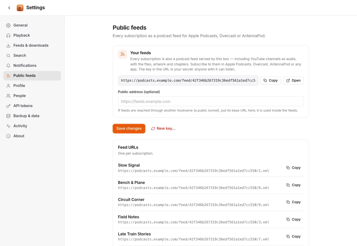 Settings, Public feeds: the personal feed address and one feed URL per subscription