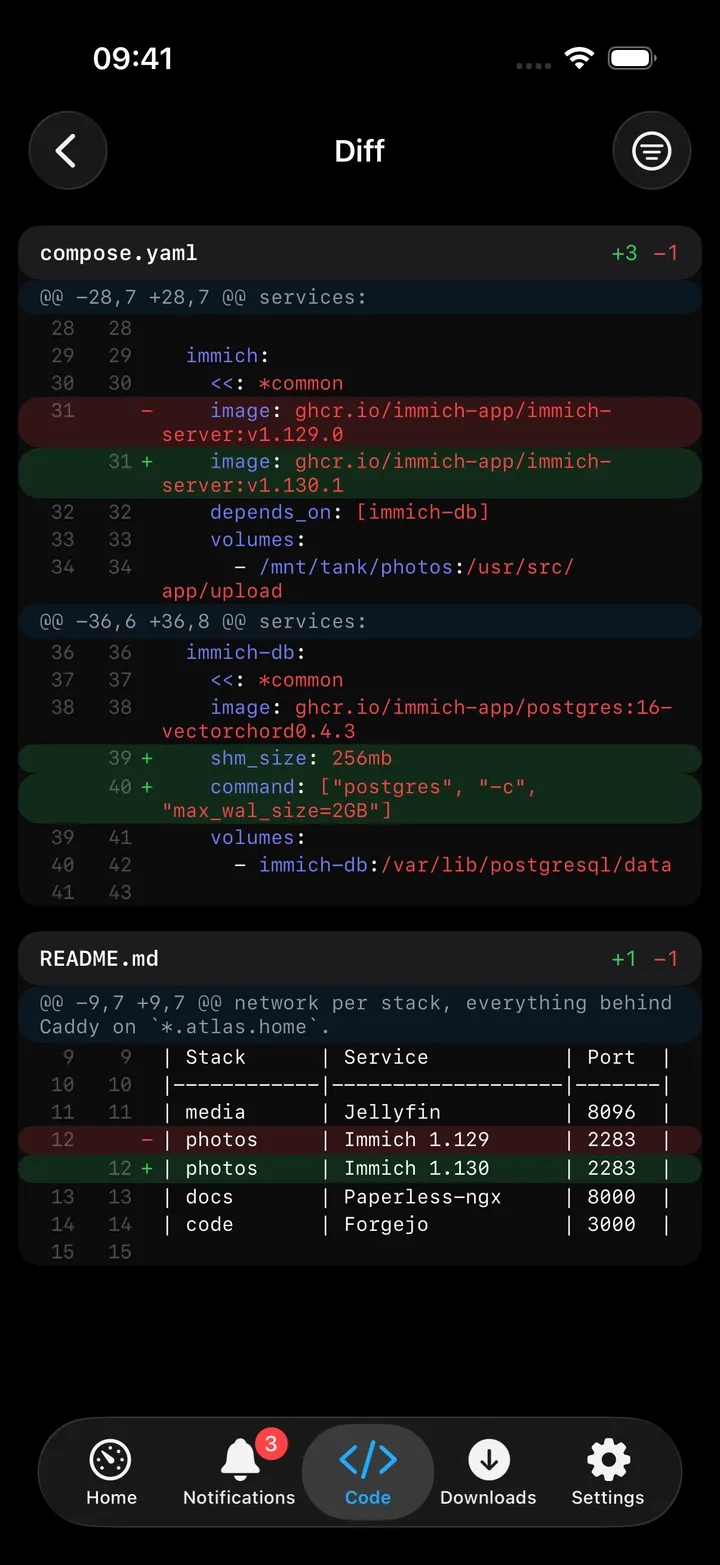 A syntax-highlighted diff with added and removed lines
