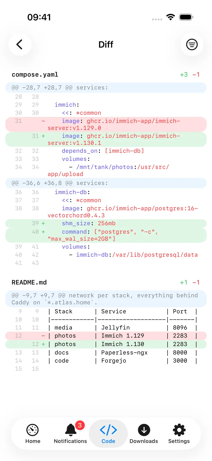 A syntax-highlighted diff with added and removed lines