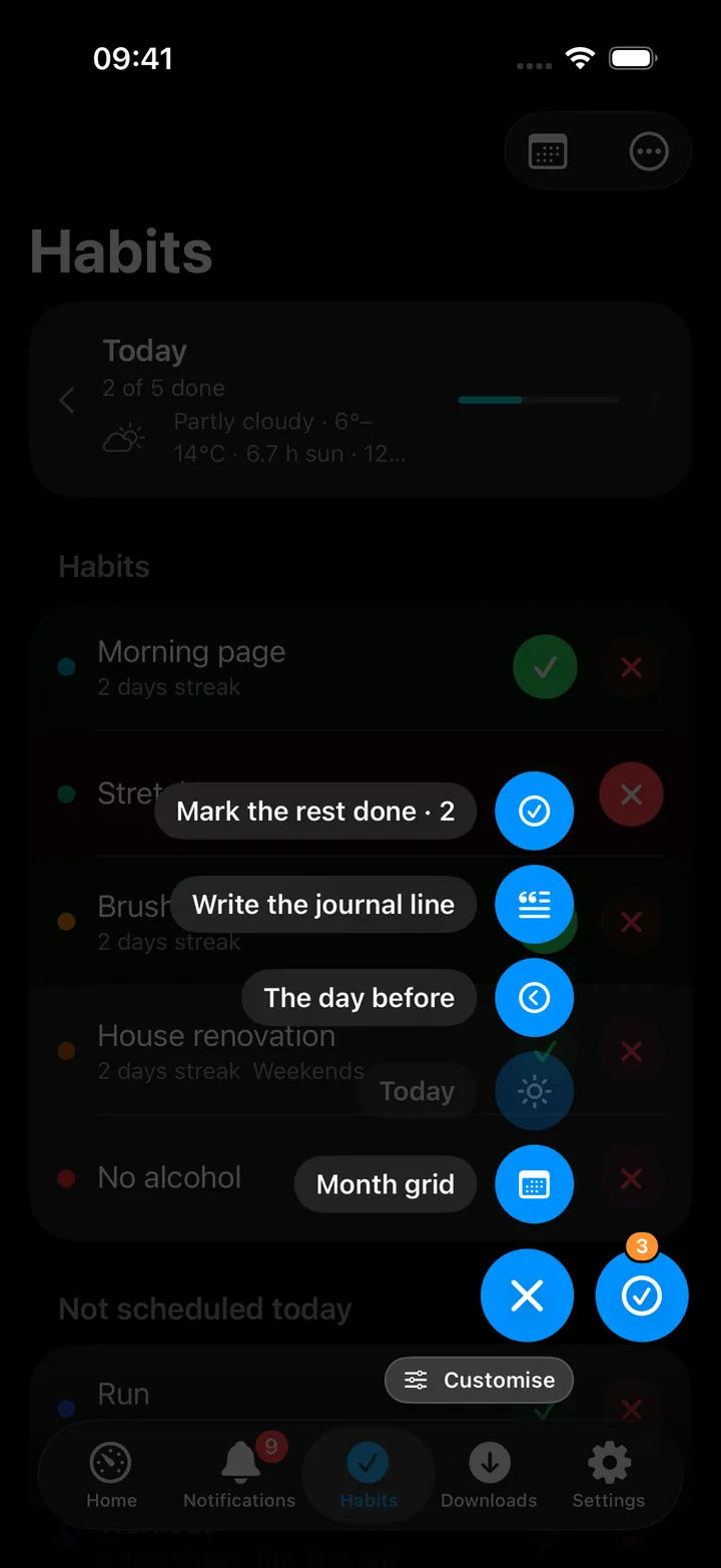 The round Habits button open beside the +: Mark the rest done · 2, Write the journal line, The day before, Today and Month grid, with Customise under them
