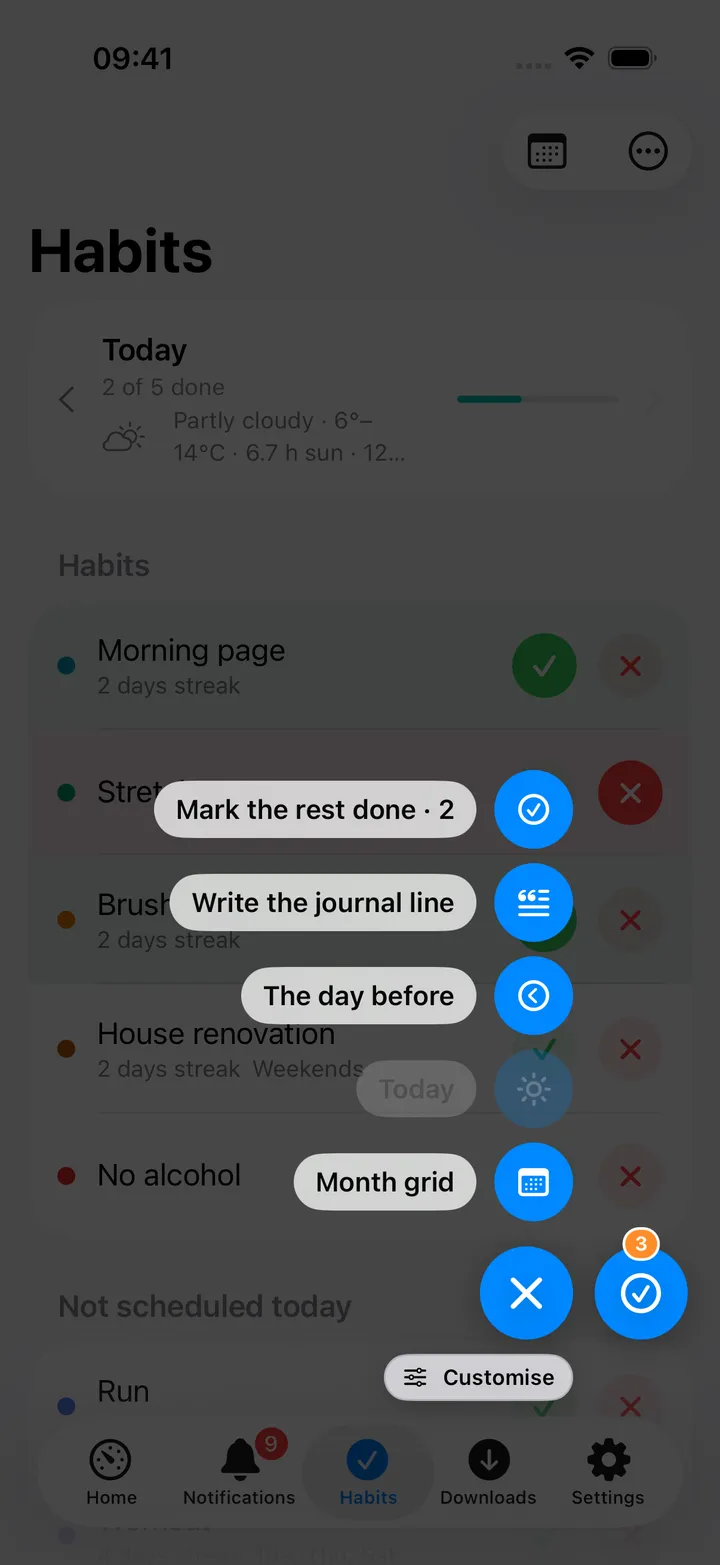 The round Habits button open beside the +: Mark the rest done · 2, Write the journal line, The day before, Today and Month grid, with Customise under them