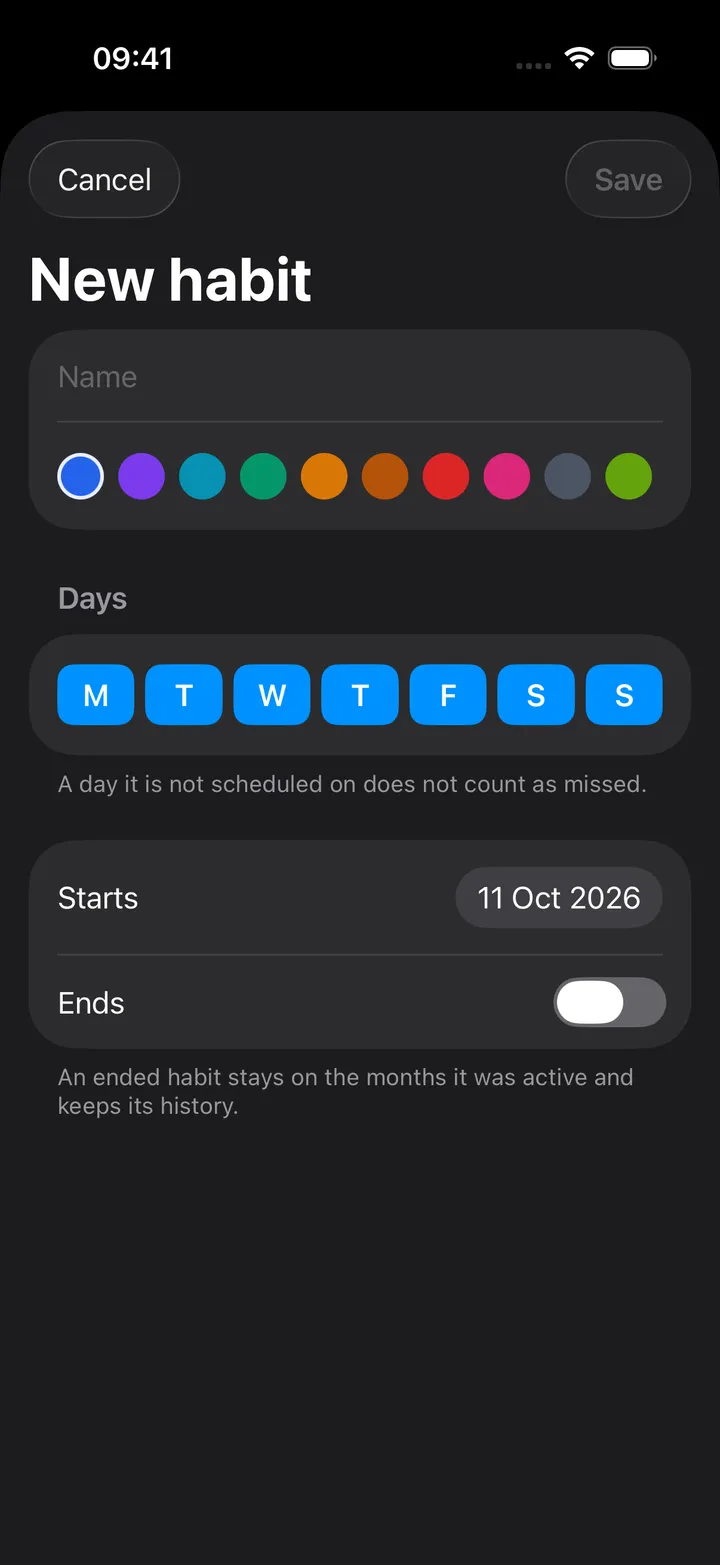 New habit: Name, a row of colours, the seven weekday buttons, Starts and Ends