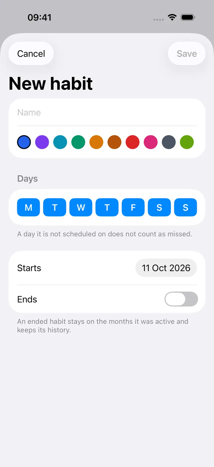 New habit: Name, a row of colours, the seven weekday buttons, Starts and Ends