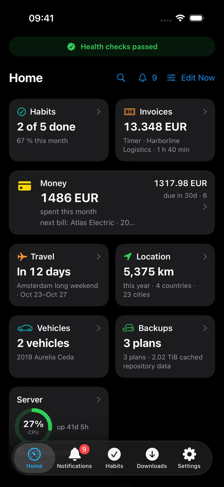 Home with a Habits card showing 2 of 5 done and 67 % this month beside the Server and NAS cards