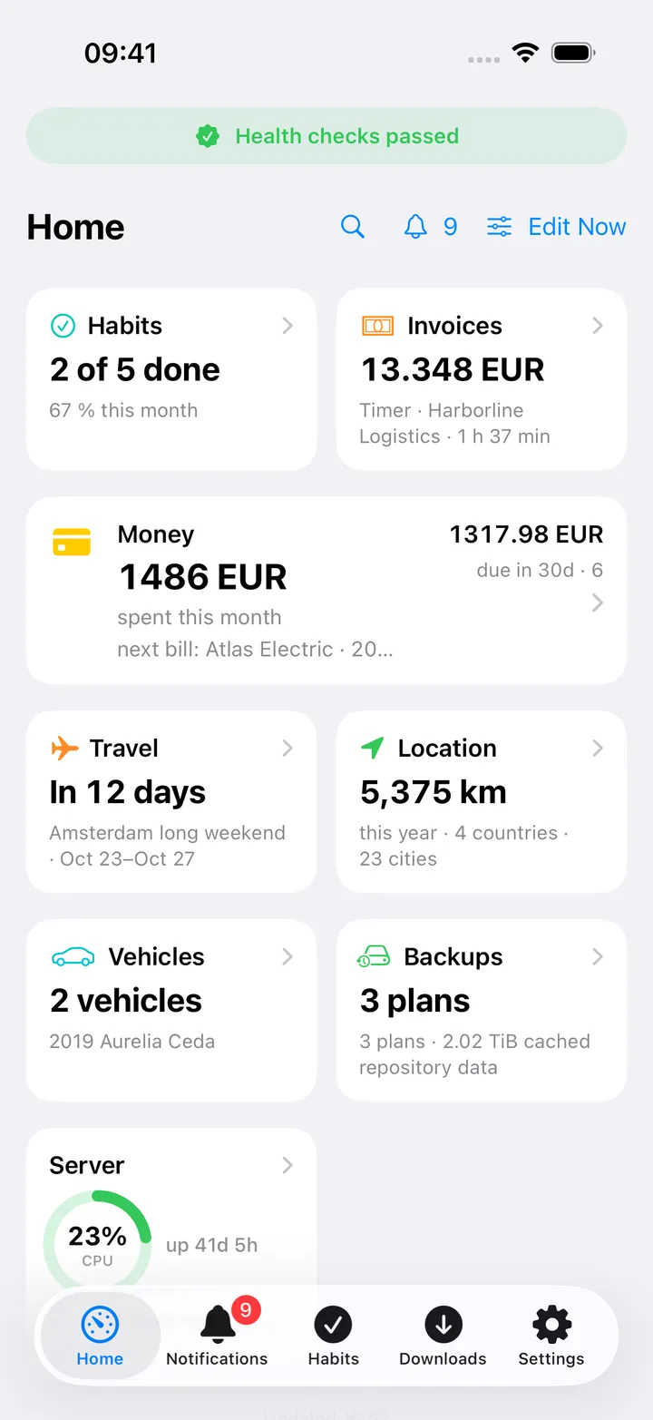 Home with a Habits card showing 2 of 5 done and 67 % this month beside the Server and NAS cards
