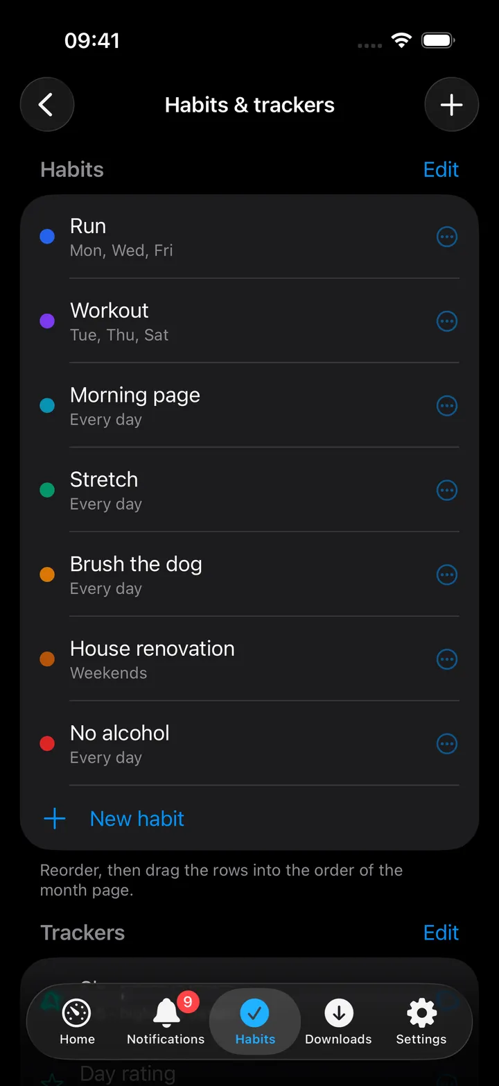 Habits & trackers: the seven habits with their schedule and a ⋯ button, New habit, then the trackers