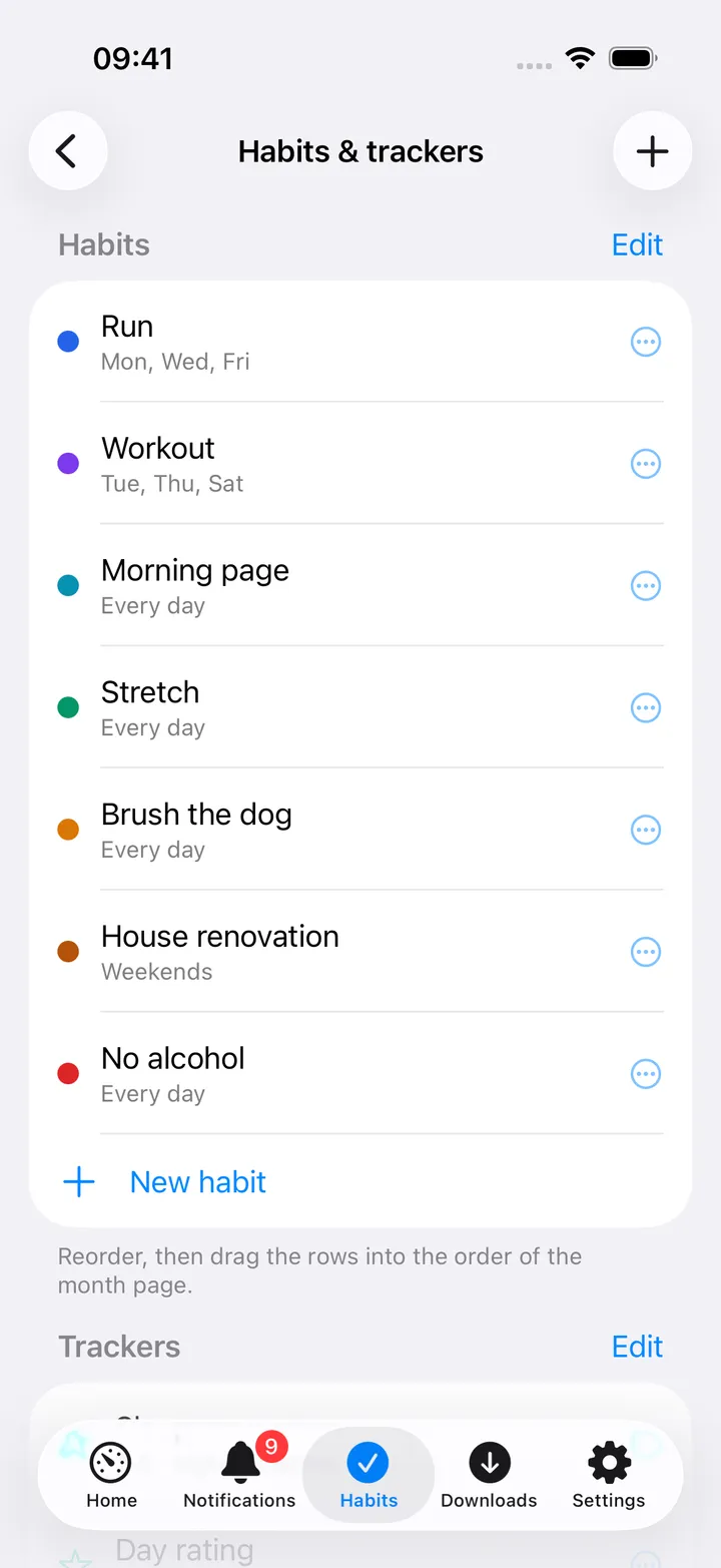 Habits & trackers: the seven habits with their schedule and a ⋯ button, New habit, then the trackers