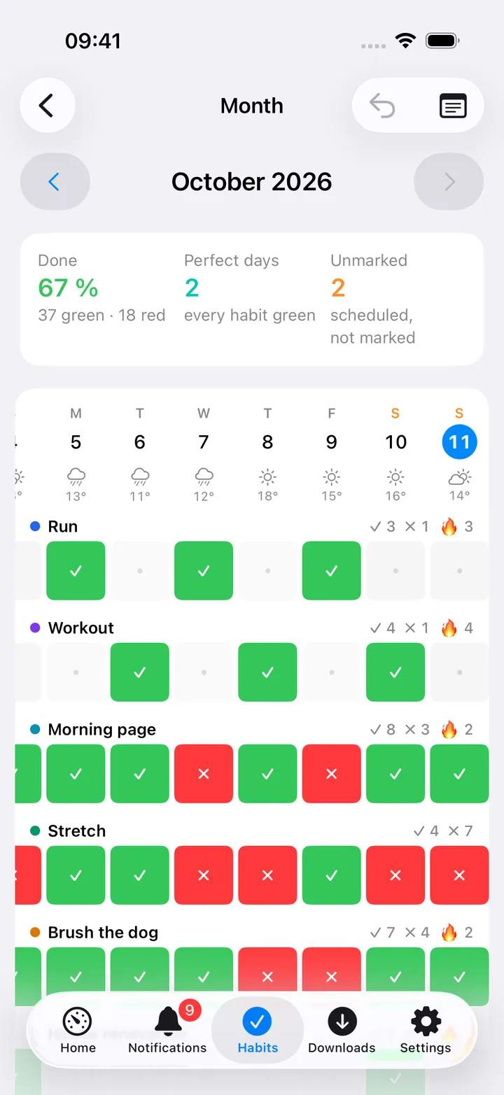 The month page on the iPhone: a week across the card with the weather, then Run, Workout, Morning page and Stretch, each name above its row of green and red cells with done, missed and streak counts