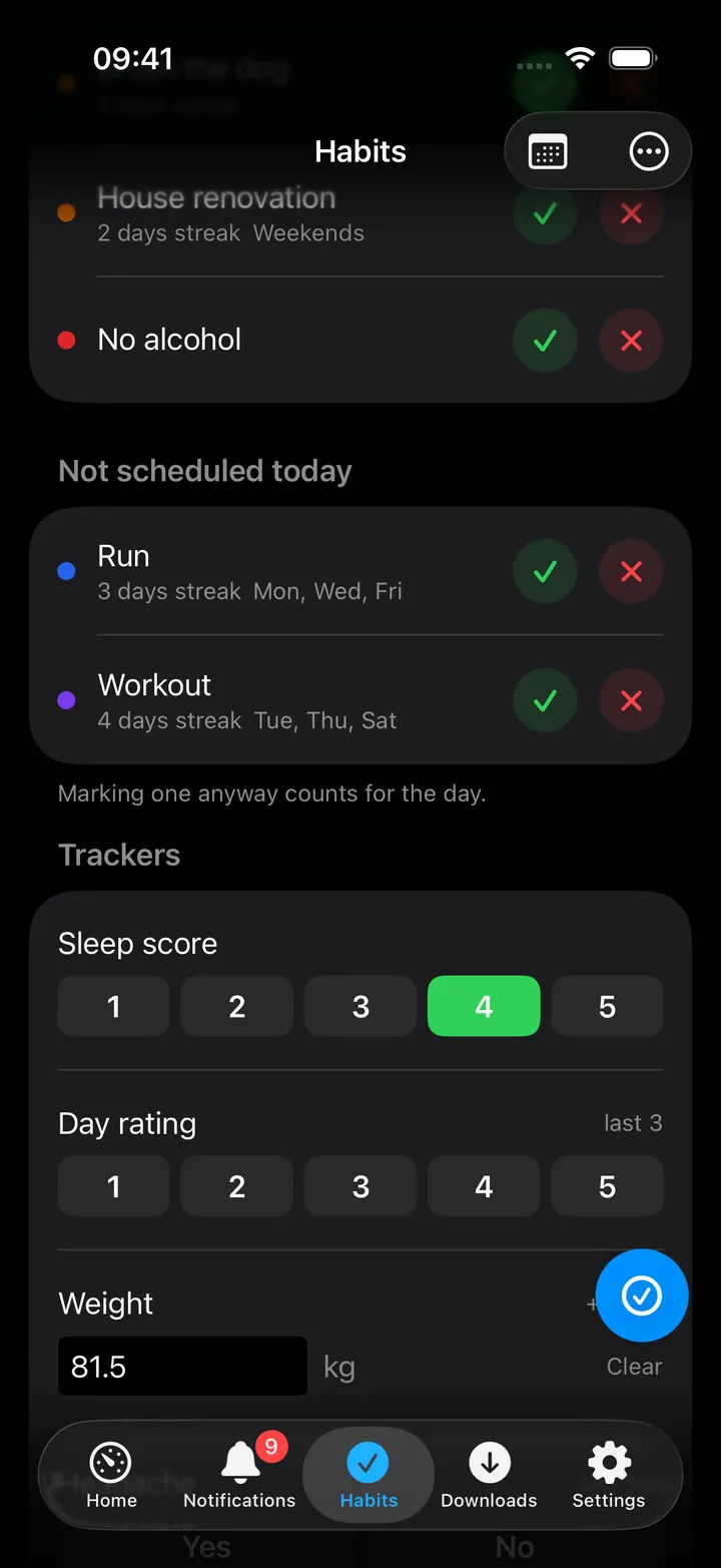 Further down the check-in: Sleep score pills with 4 selected in green, Day rating pills, Weight 81.5 kg with +0.1 kg, Headache Yes / No, and the One good thing field