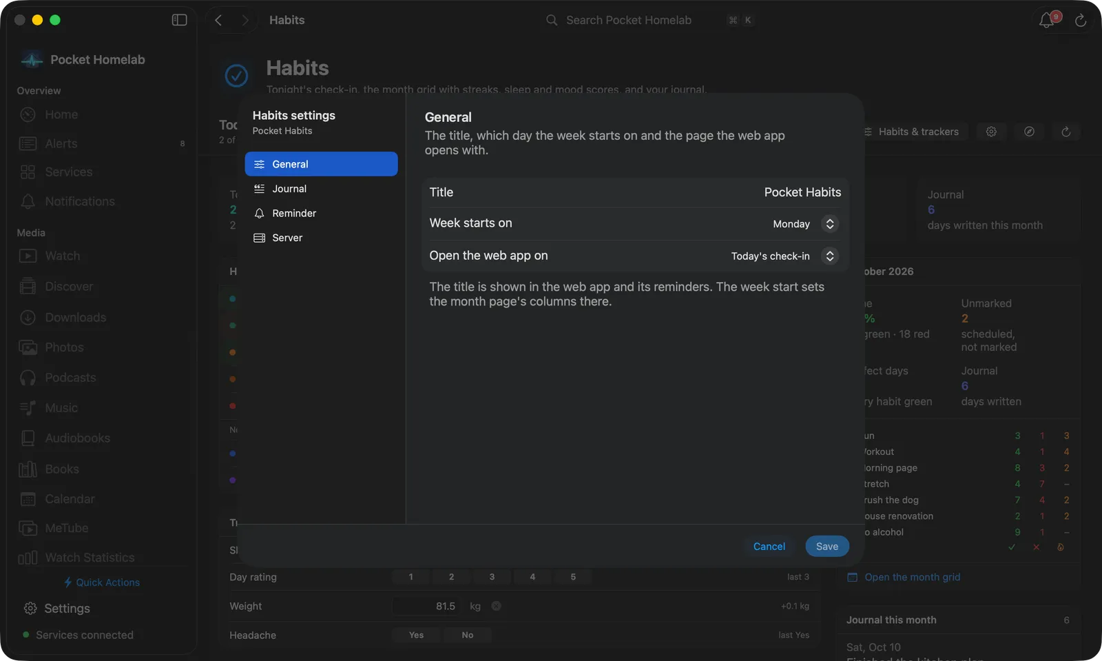 Habits settings on the Mac: a sidebar with General, Journal, Reminder and Server beside the General form, and Cancel and Save at the bottom
