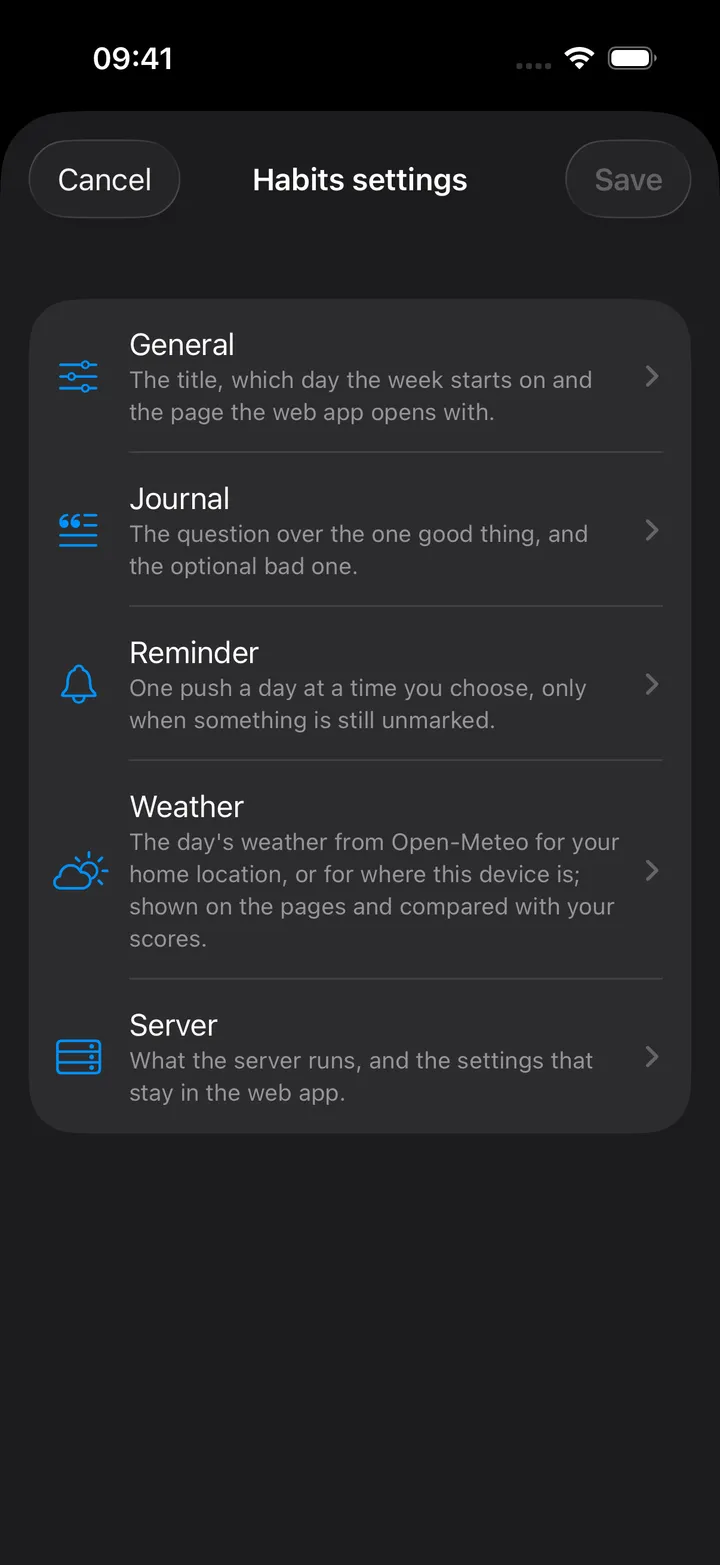 Habits settings: General, Journal, Reminder and Server as a list of pages, each with a line saying what it holds