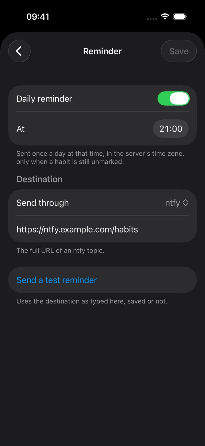 The Reminder page: Daily reminder on at 21:00, Send through ntfy, the topic URL, and Send a test reminder