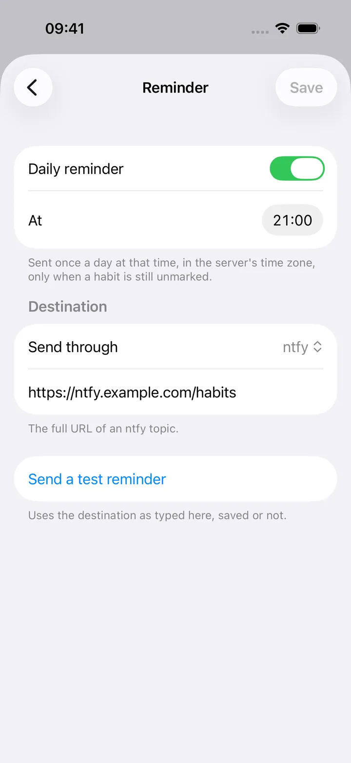 The Reminder page: Daily reminder on at 21:00, Send through ntfy, the topic URL, and Send a test reminder