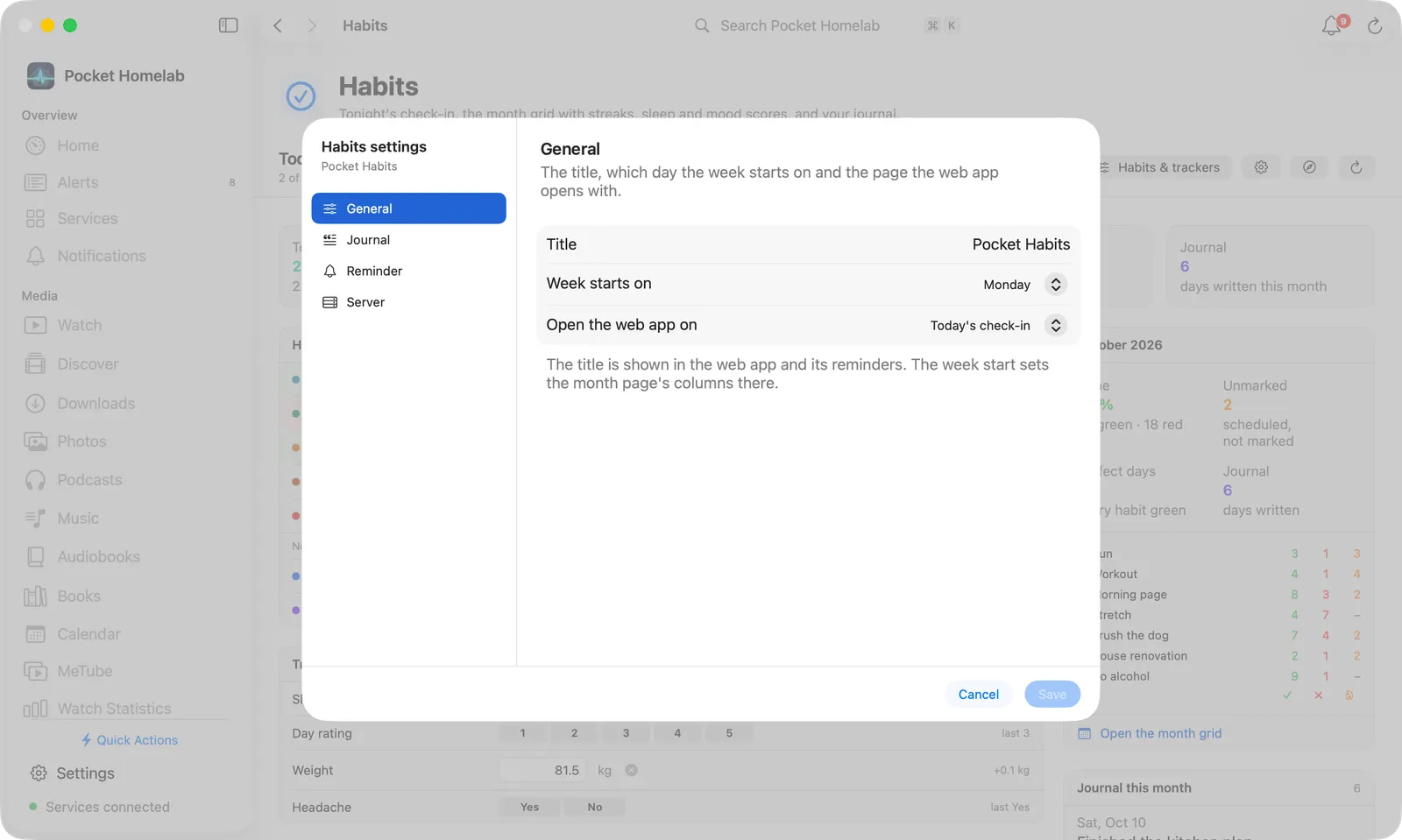 Habits settings on the Mac: a sidebar with General, Journal, Reminder and Server beside the General form, and Cancel and Save at the bottom