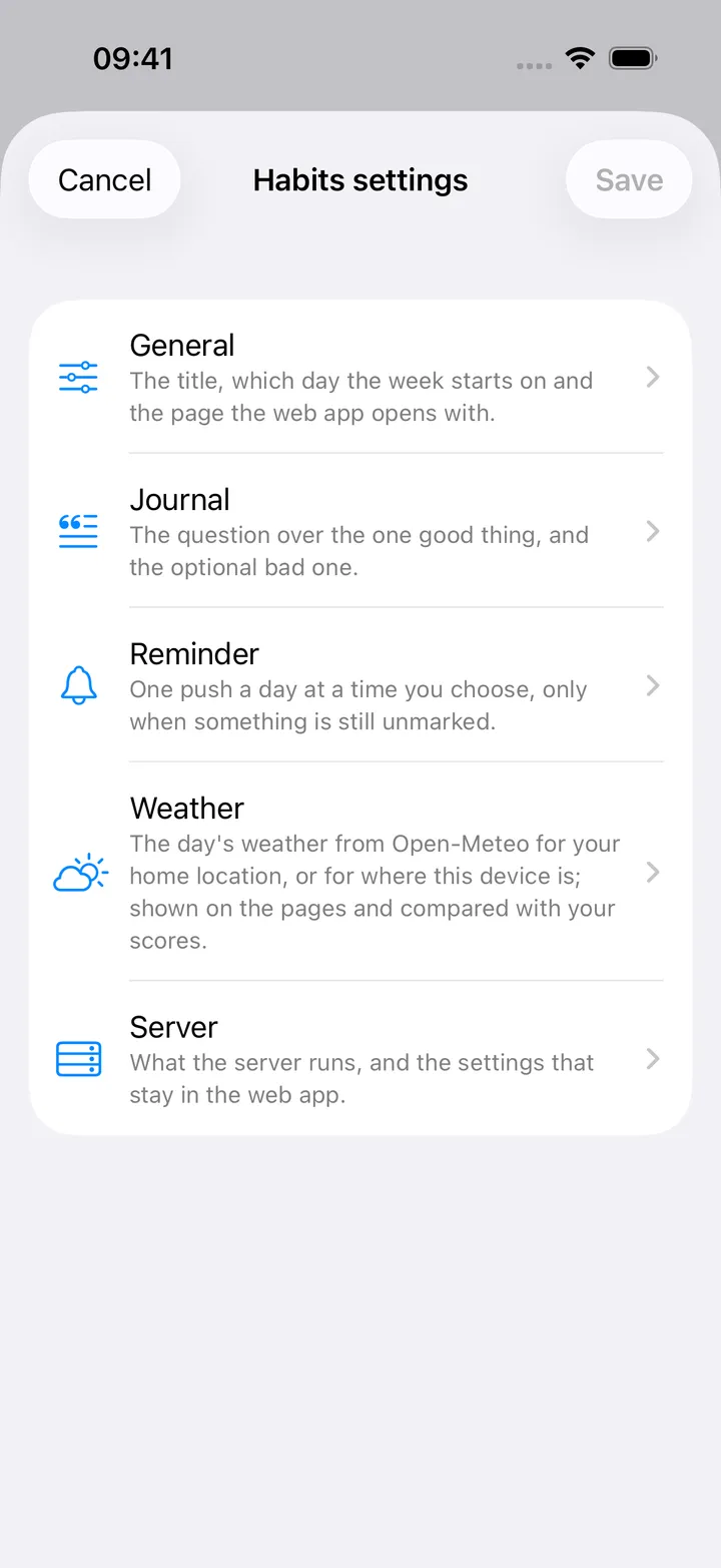 Habits settings: General, Journal, Reminder and Server as a list of pages, each with a line saying what it holds