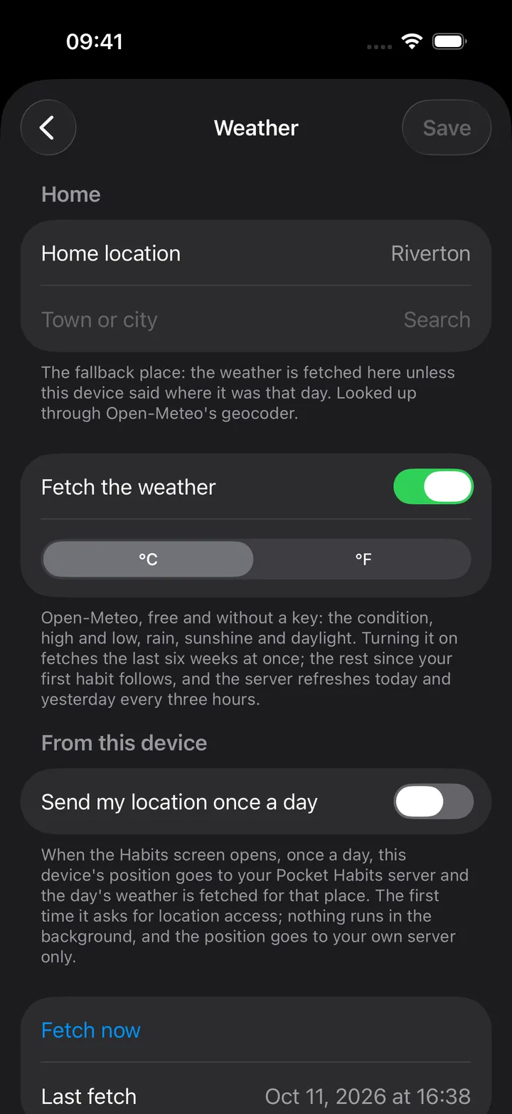 Habits settings, Weather: Home location Riverton with a town search, Fetch the weather on, °C / °F, Send my location once a day, and Fetch now with the last fetch