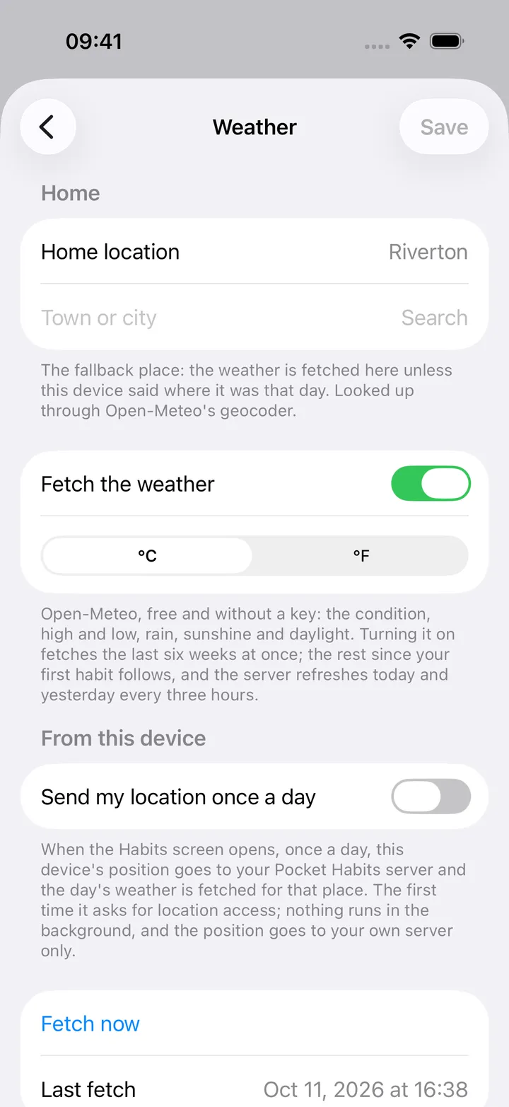 Habits settings, Weather: Home location Riverton with a town search, Fetch the weather on, °C / °F, Send my location once a day, and Fetch now with the last fetch