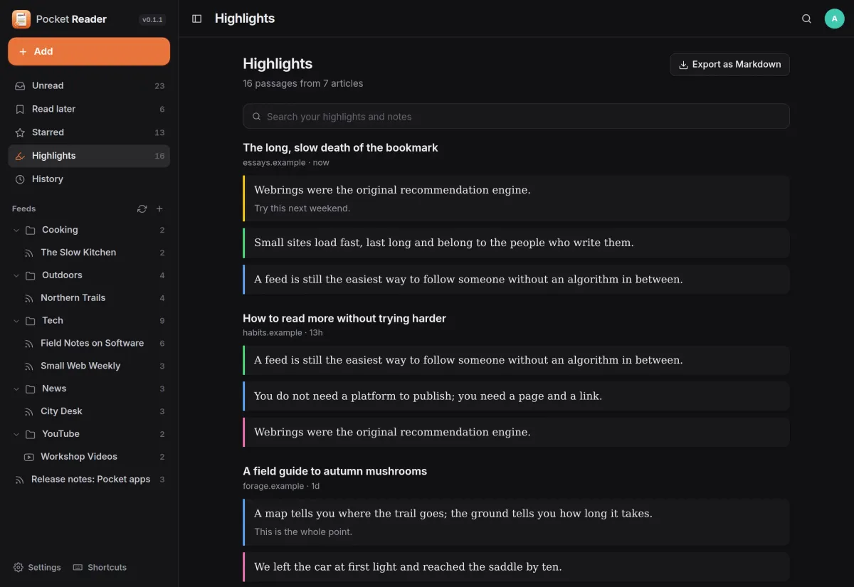 The Highlights page: 16 passages from 7 articles in yellow, green, blue and pink, some with a short note