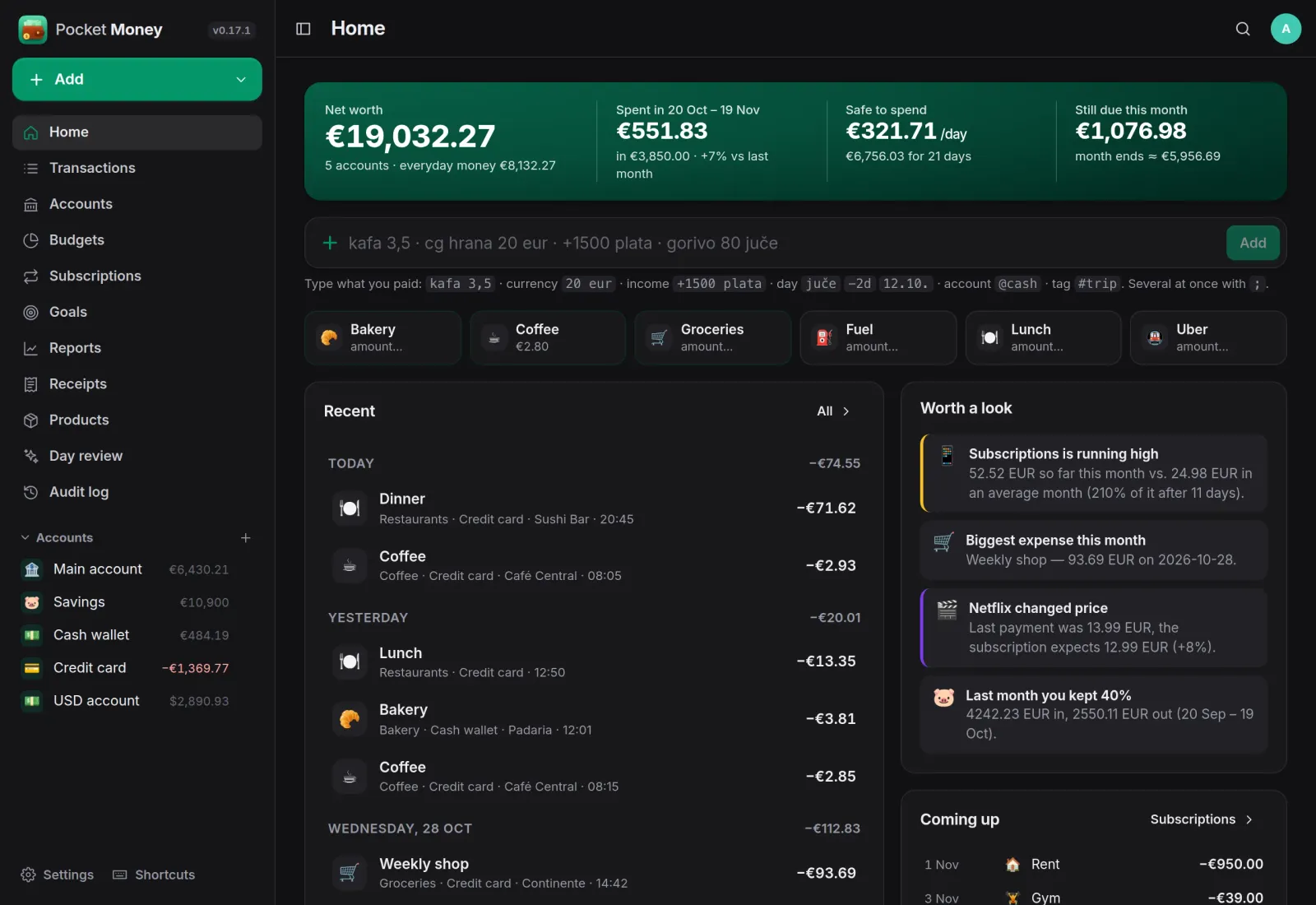 The Pocket Money home screen with net worth, safe to spend, recent transactions, insights and upcoming payments