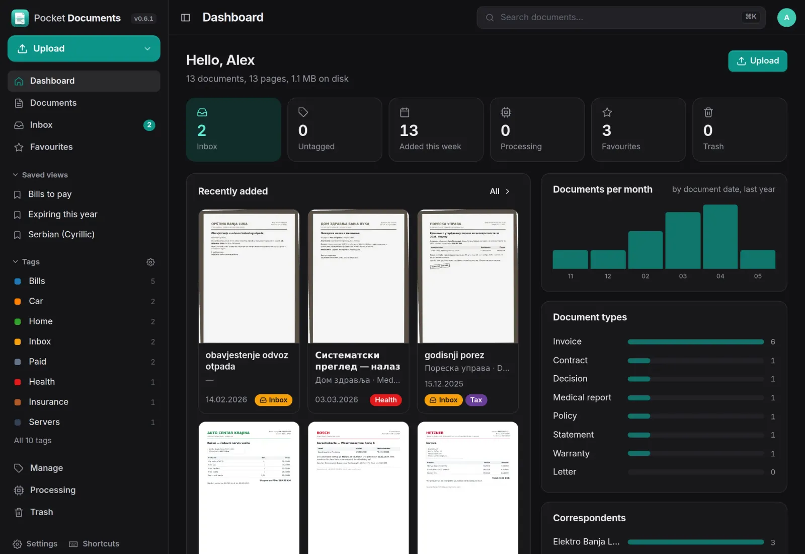 The Pocket Documents dashboard: inbox and favourites counters, recently added scans, documents per month and per type
