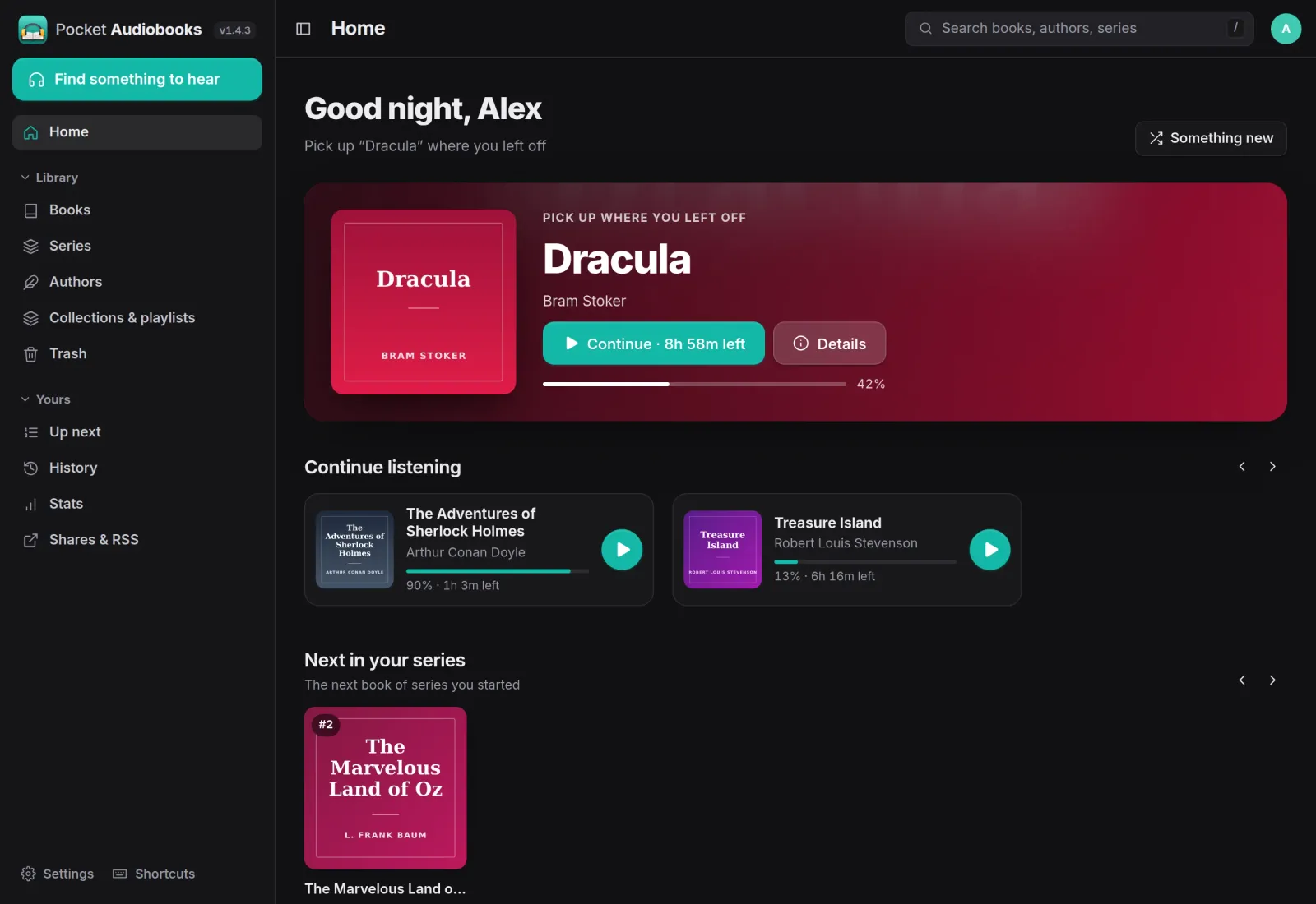 The Pocket Audiobooks home page: Dracula to continue, Sherlock Holmes and Treasure Island in progress, and the next Oz book