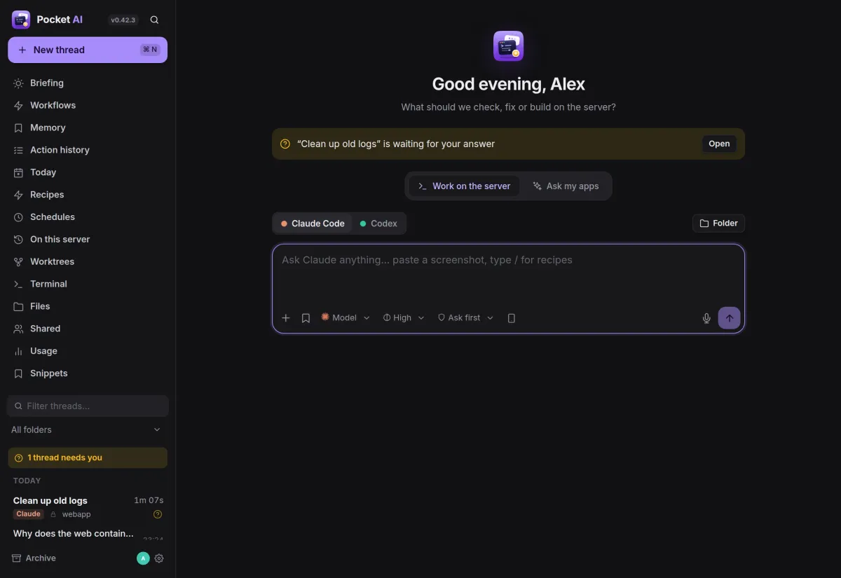 The Pocket AI home screen: choose Claude Code or Codex, a folder, and type the task
