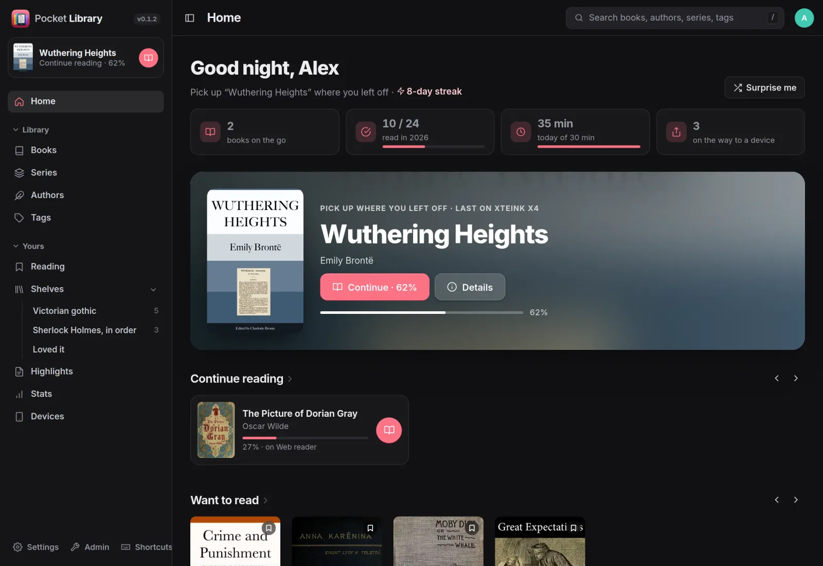 The Pocket Library home page: Wuthering Heights last read on an Xteink X4, goals, and the continue and want-to-read rows