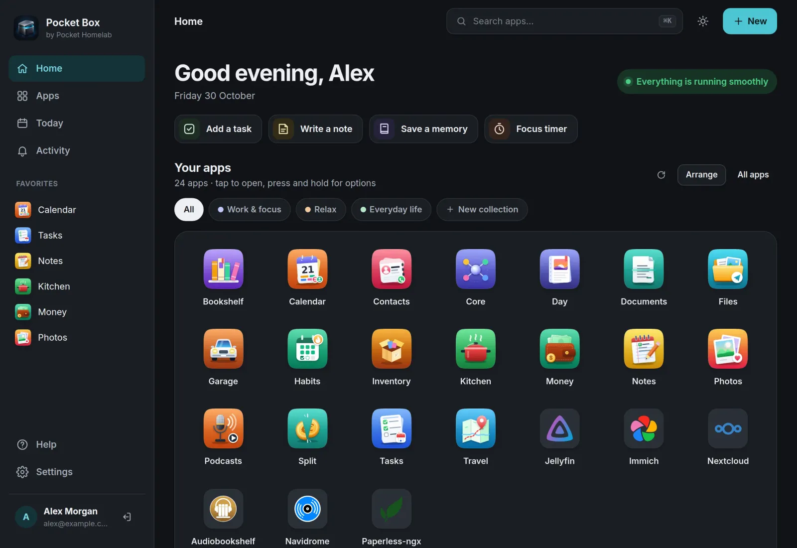The Pocket Hub home page: a greeting, quick capture buttons, collections and a grid of 24 apps, from Bookshelf to Paperless-ngx