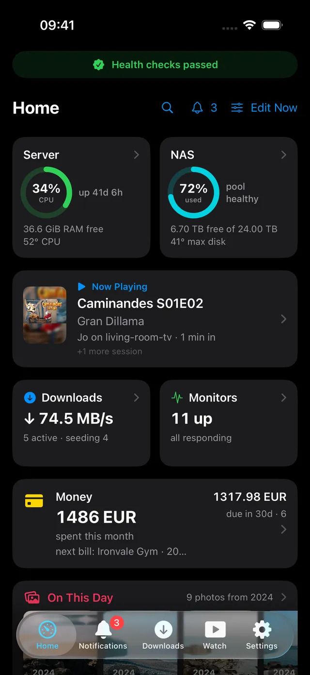 Pocket Homelab Home dashboard on iPhone
