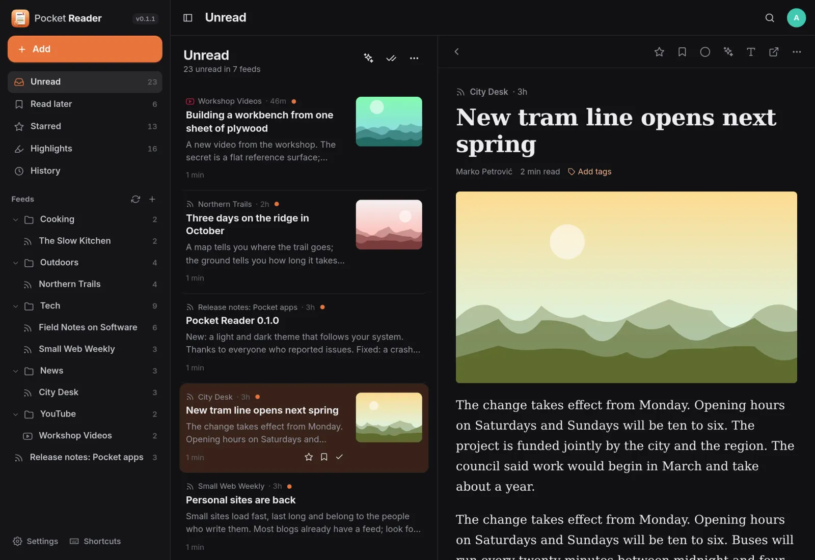 Pocket Reader on a computer: 23 unread posts in folders, with a local news post about a new tram line open beside the list