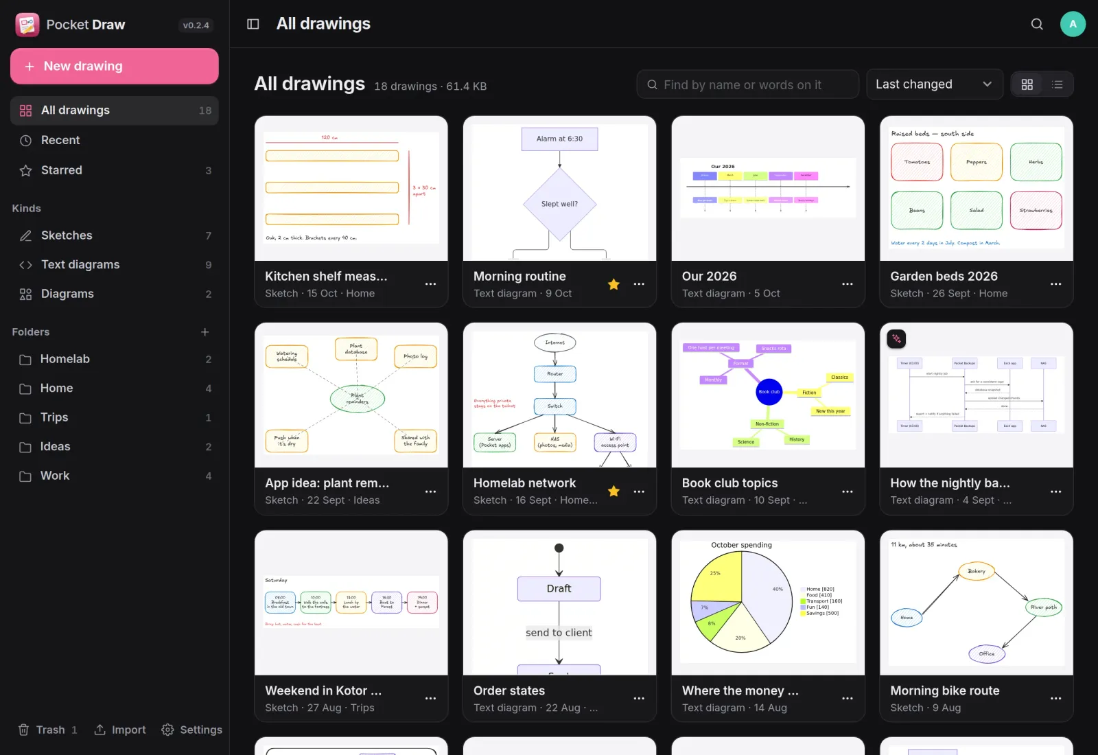 The Pocket Draw library with folders and a grid of sketches, flowcharts, a timeline, a mind map and a pie chart