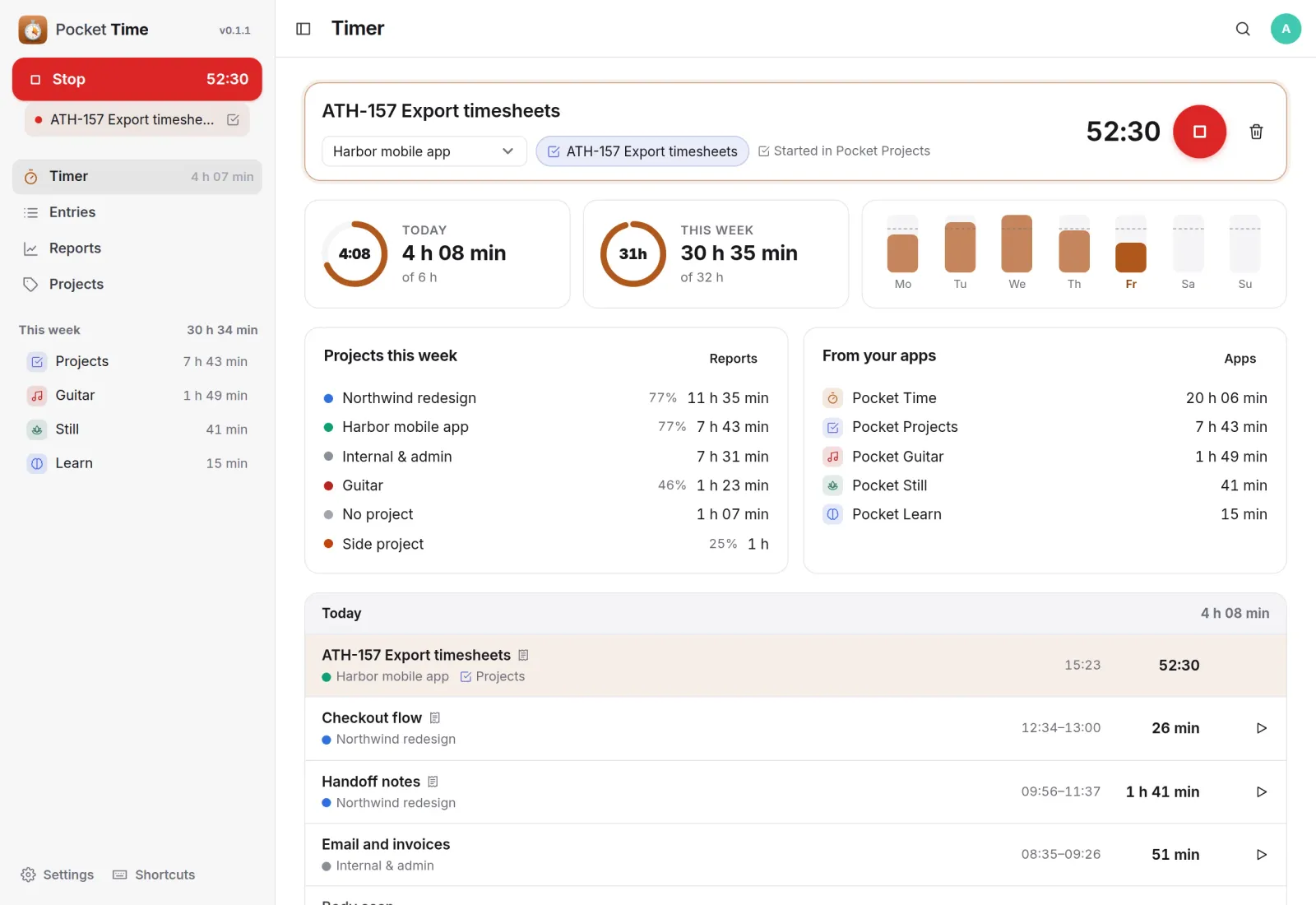 The Pocket Time home page: a running timer for an export task, today 4 hours of 6, this week 30 hours of 32