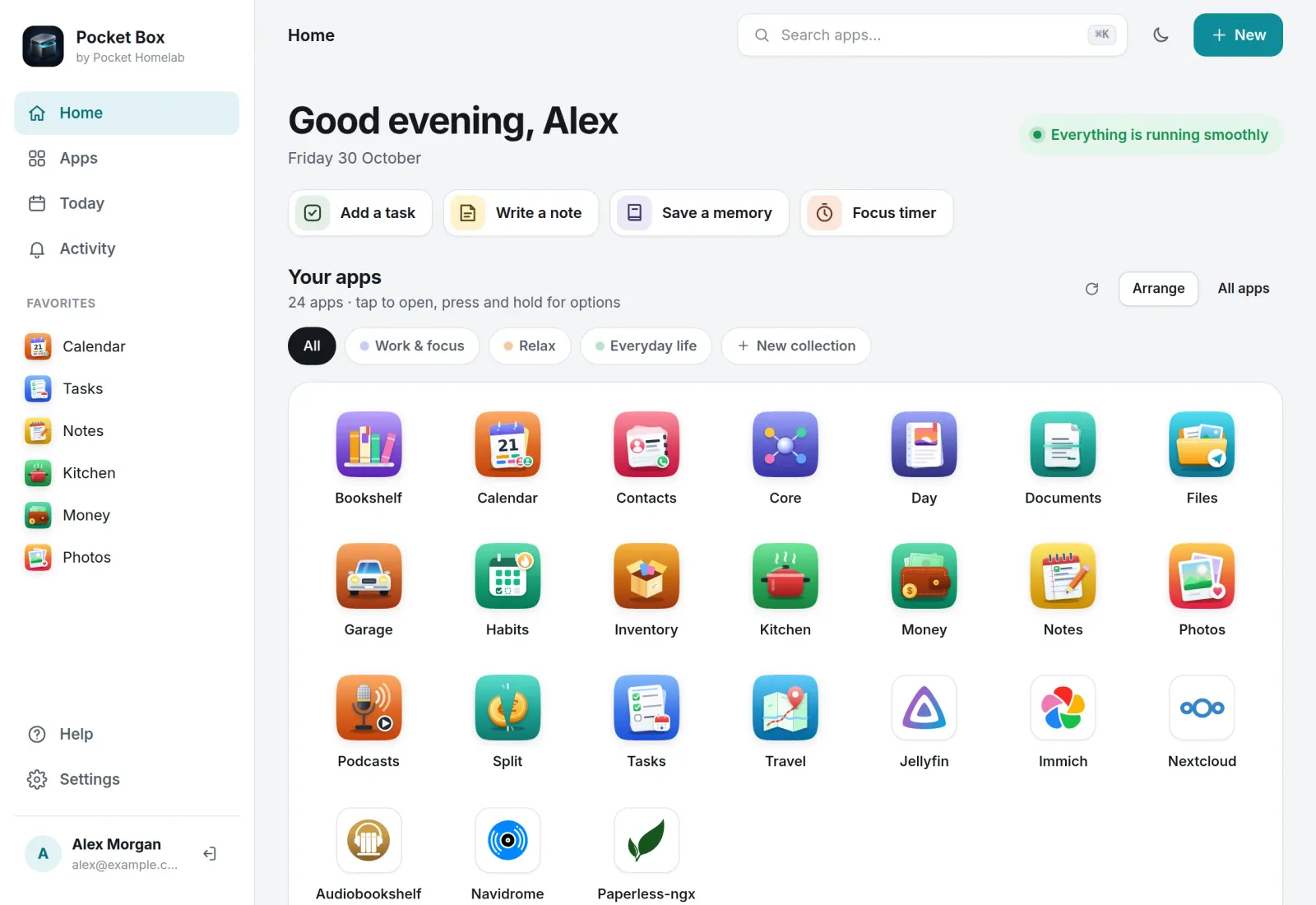 The Pocket Hub home page: a greeting, quick capture buttons, collections and a grid of 24 apps, from Bookshelf to Paperless-ngx