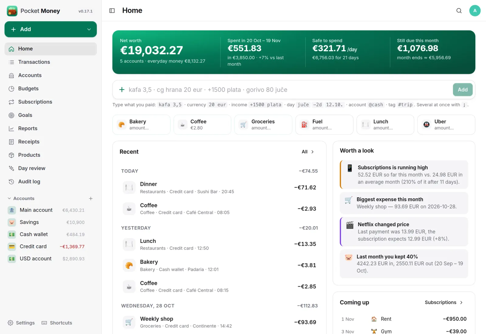 The Pocket Money home screen with net worth, safe to spend, recent transactions, insights and upcoming payments