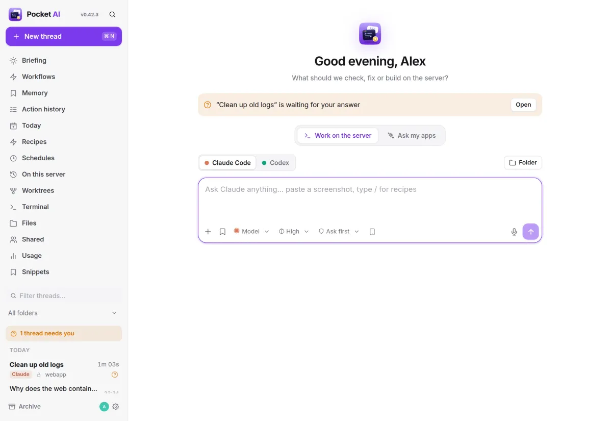 The Pocket AI home screen: choose Claude Code or Codex, a folder, and type the task