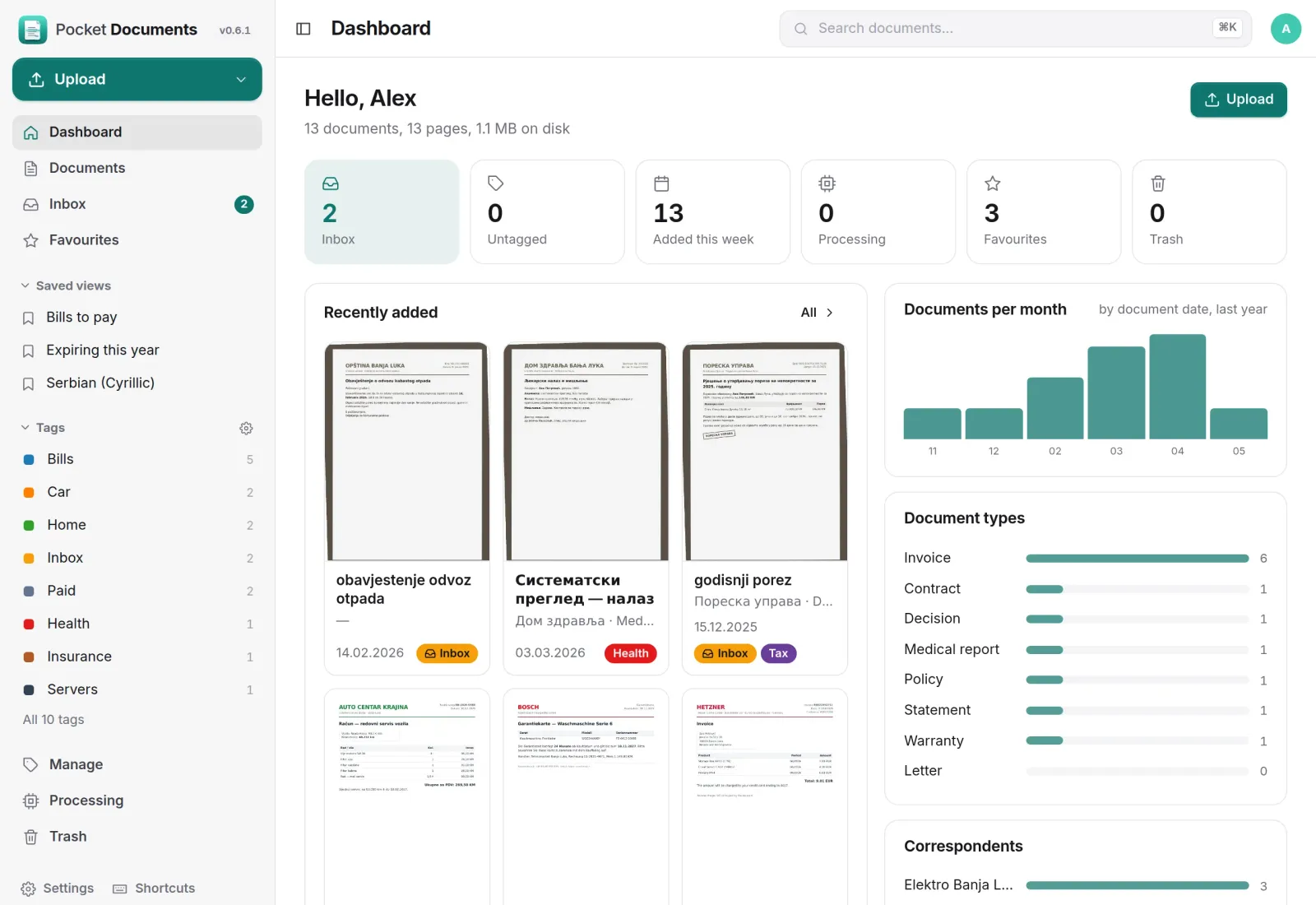 The Pocket Documents dashboard: inbox and favourites counters, recently added scans, documents per month and per type