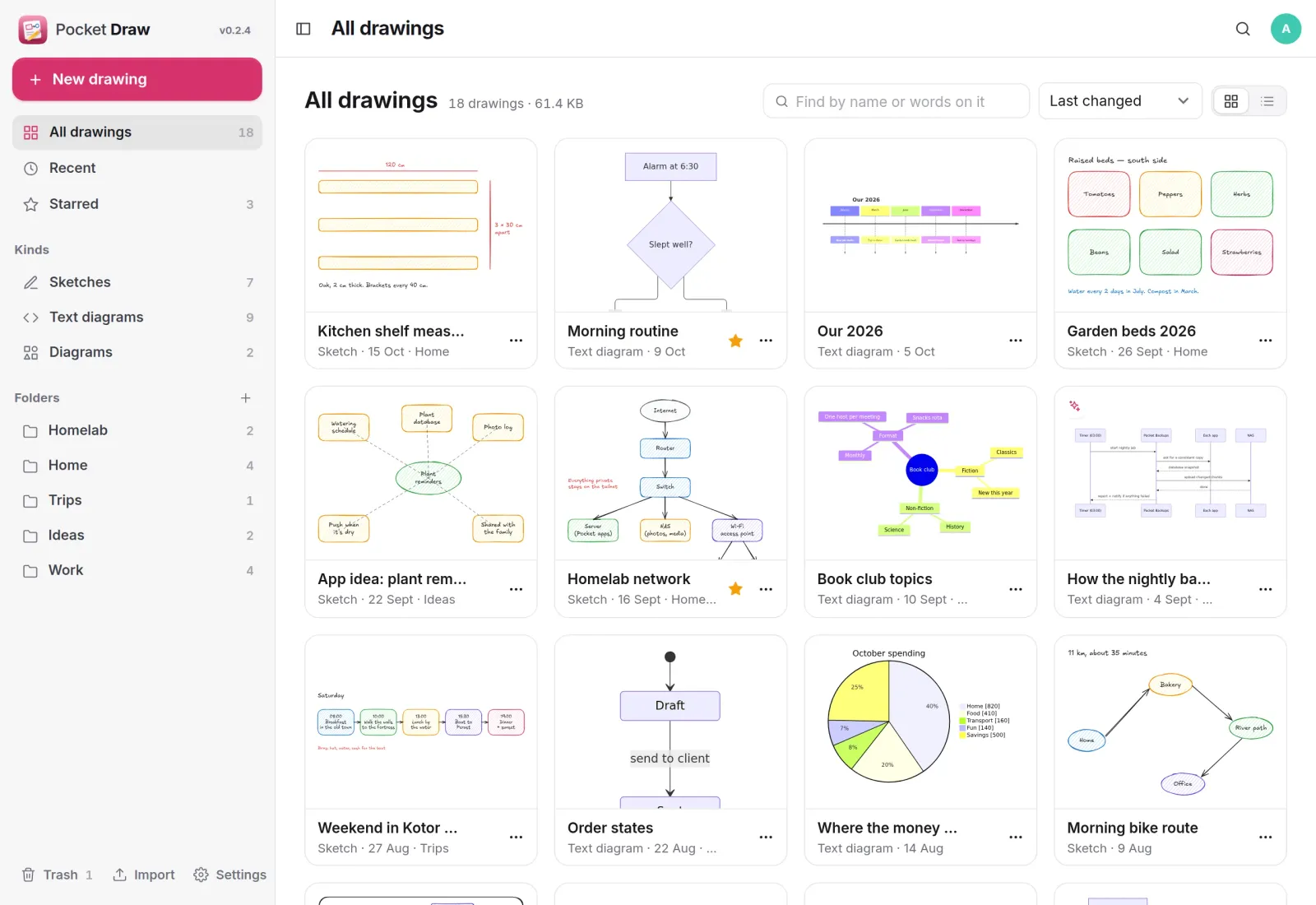 The Pocket Draw library with folders and a grid of sketches, flowcharts, a timeline, a mind map and a pie chart