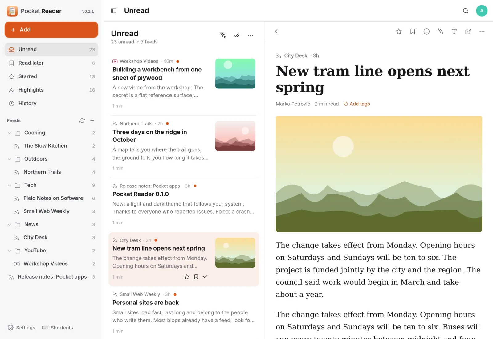 Pocket Reader on a computer: 23 unread posts in folders, with a local news post about a new tram line open beside the list
