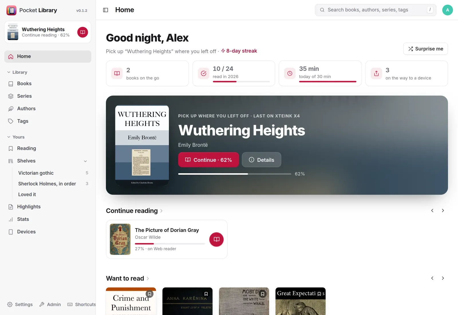 The Pocket Library home page: Wuthering Heights last read on an Xteink X4, goals, and the continue and want-to-read rows