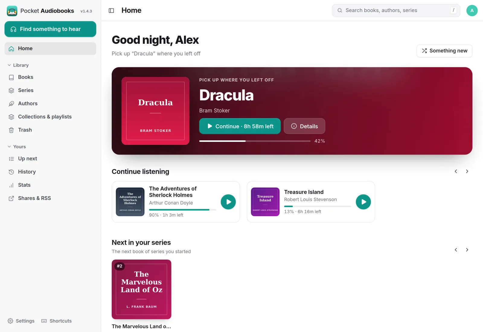 The Pocket Audiobooks home page: Dracula to continue, Sherlock Holmes and Treasure Island in progress, and the next Oz book