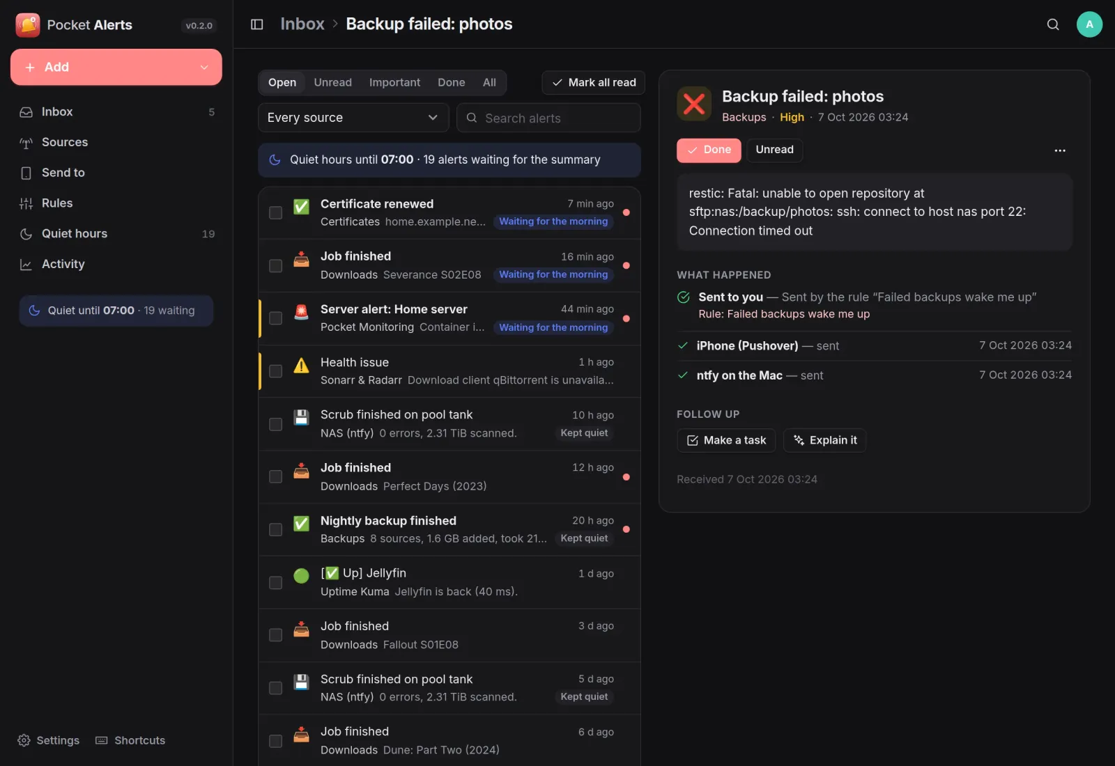 The inbox with a failed backup open: sent by the rule Failed backups wake me up to Pushover and ntfy