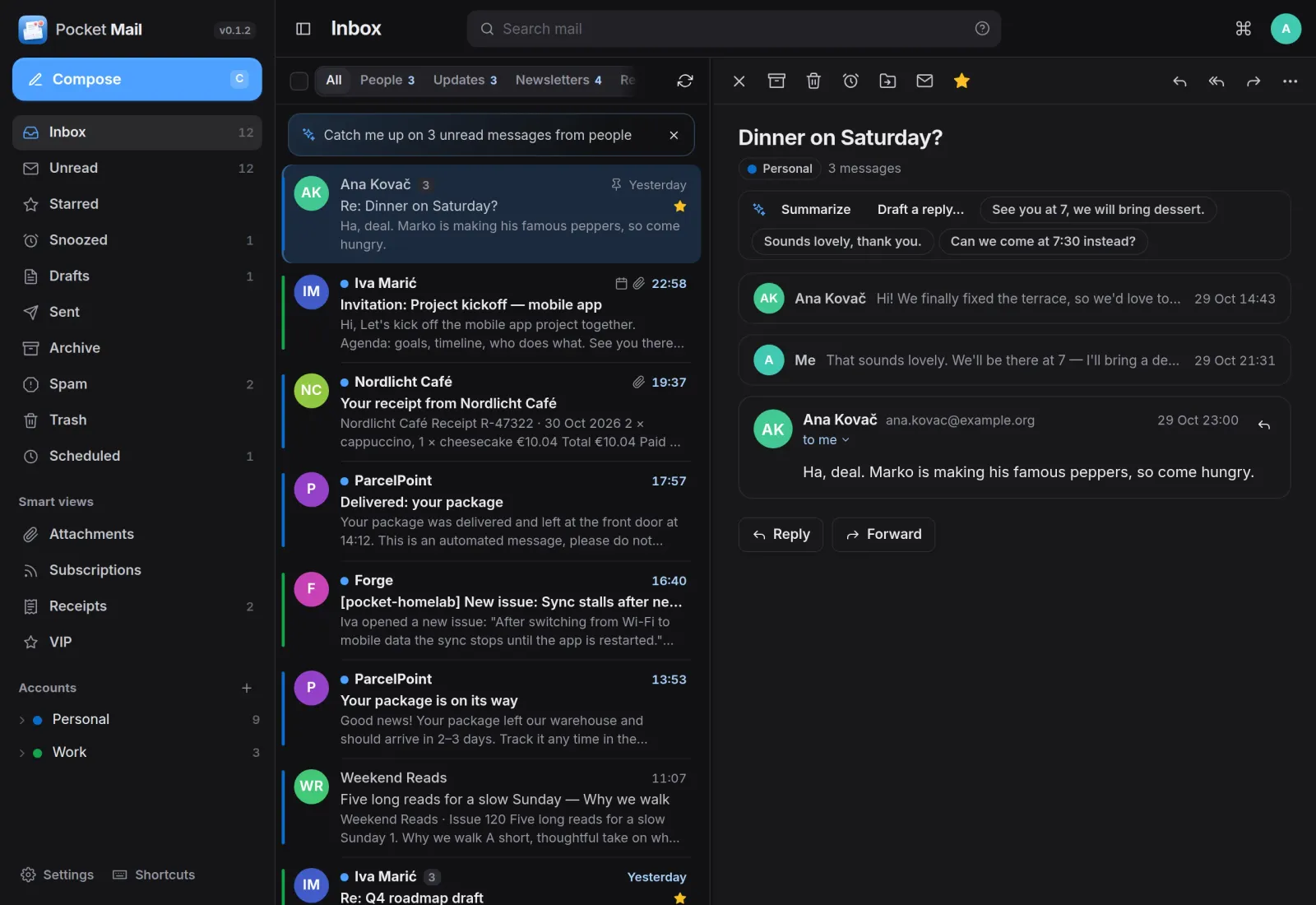 The Pocket Mail inbox with a dinner conversation open and three suggested replies above it