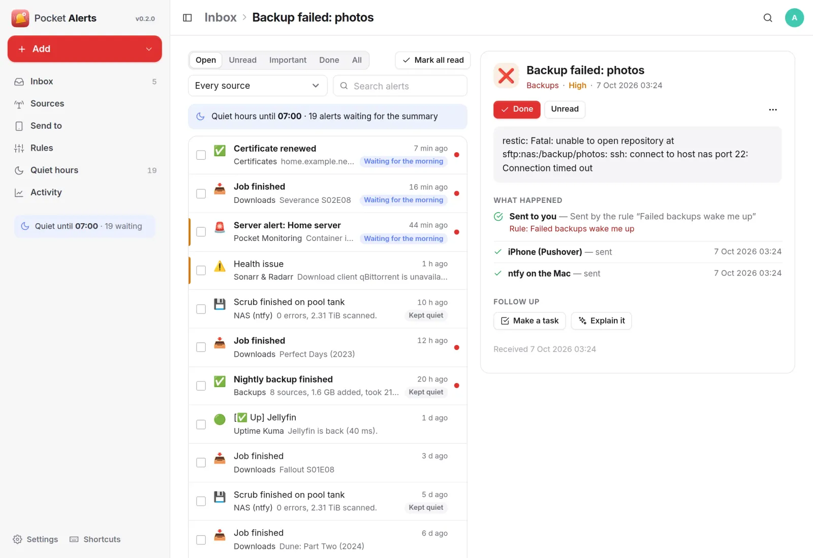 The inbox with a failed backup open: sent by the rule Failed backups wake me up to Pushover and ntfy