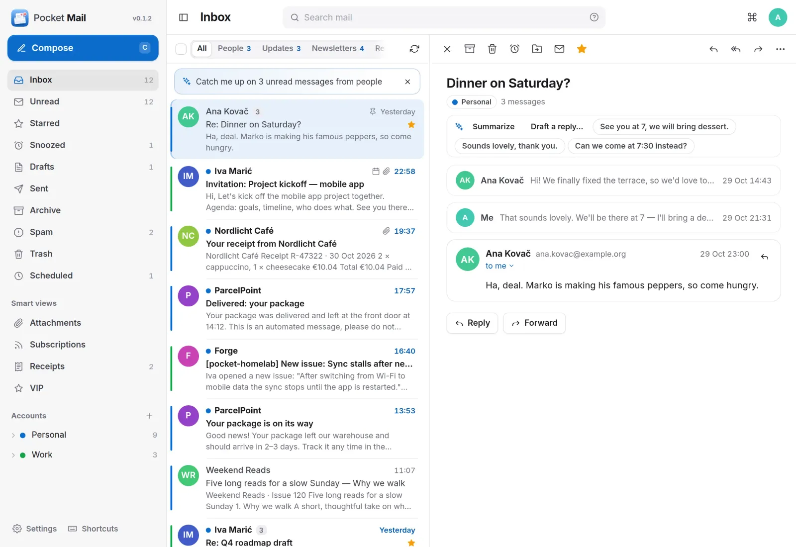 The Pocket Mail inbox with a dinner conversation open and three suggested replies above it