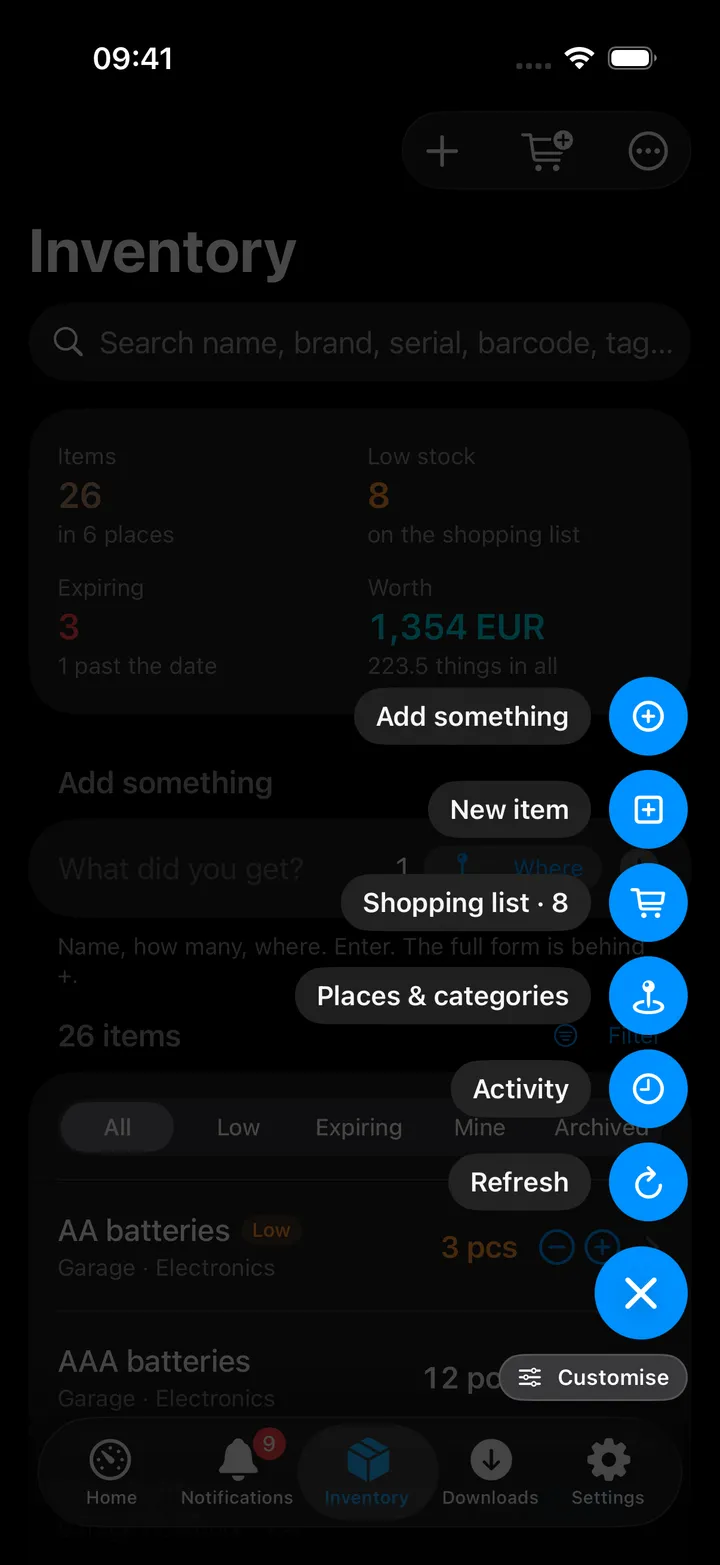 The round button's menu open over the Inventory screen: Add something, New item, Shopping list, Places & categories, Activity, Refresh