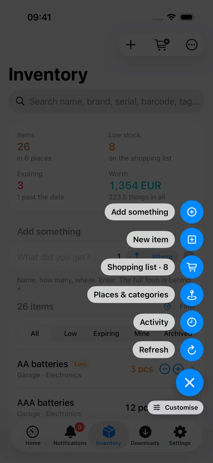 The round button's menu open over the Inventory screen: Add something, New item, Shopping list, Places & categories, Activity, Refresh