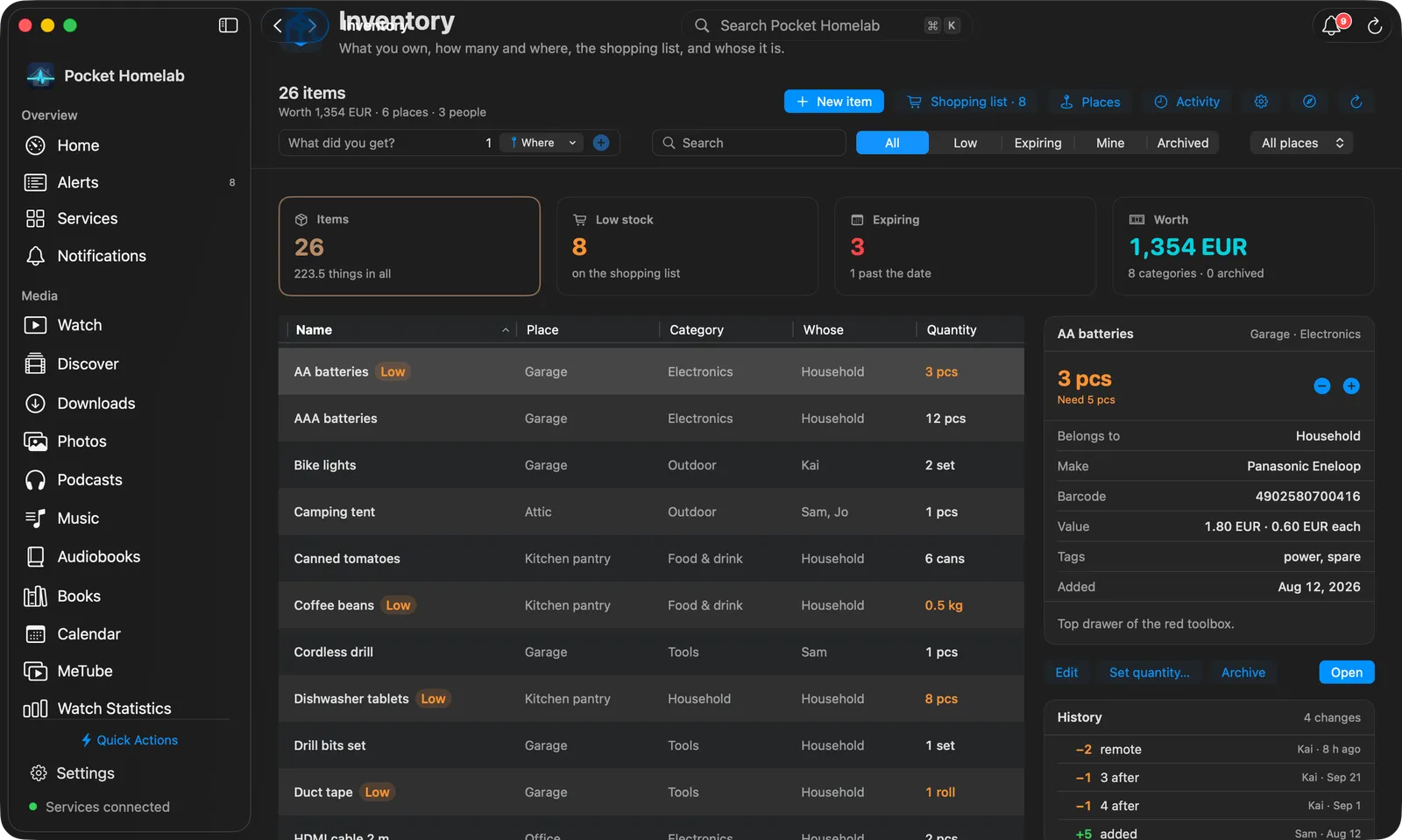 The Inventory workspace on the Mac: the bar with the quick add, search and the scope picker, the Items, Low stock, Expiring and Worth figures, the table of items with − and + in the Quantity column, and AA batteries selected at the right with its quantity, facts and history