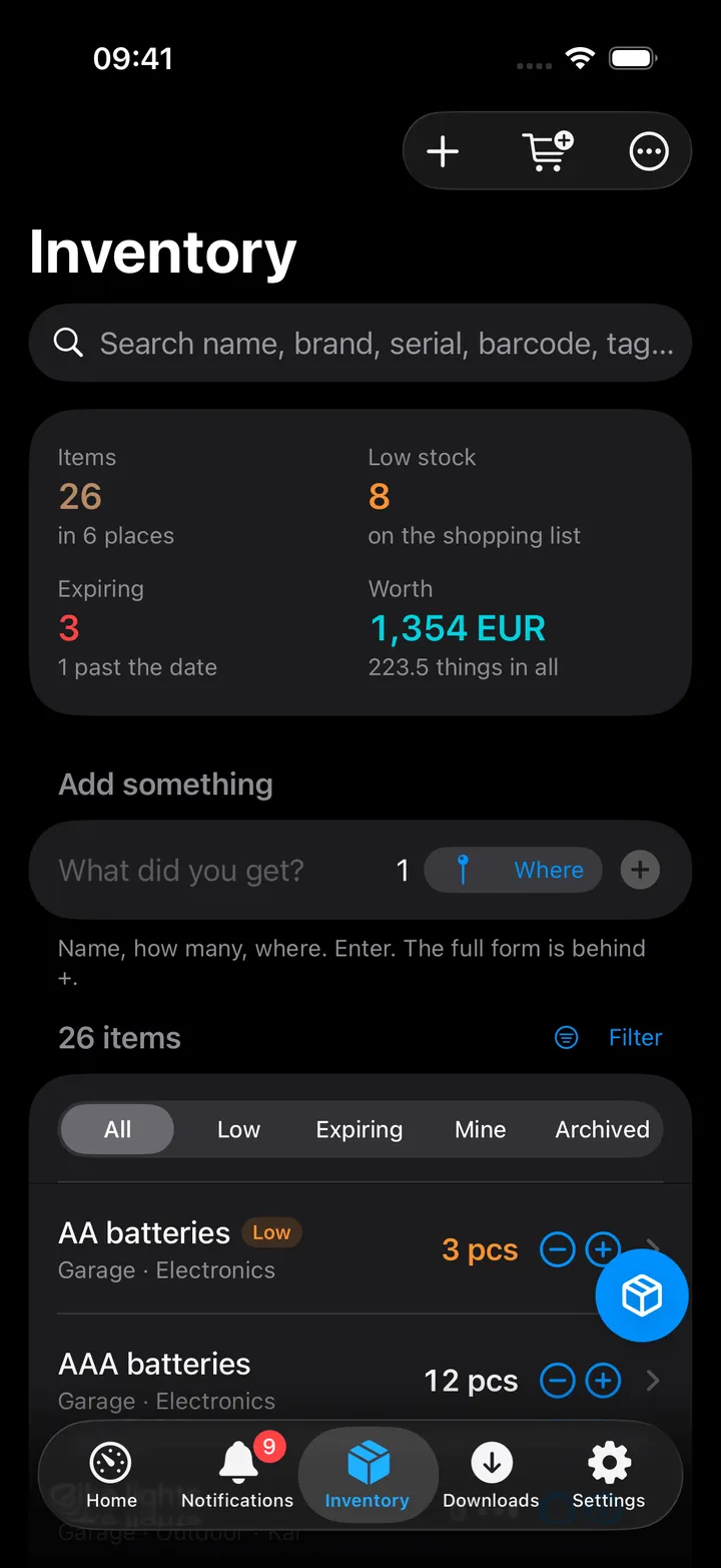 The Inventory screen: Items, Low stock, Expiring and Worth figures, the Add something row, the All / Low / Expiring / Mine / Archived picker, and the items AA batteries (Low), AAA batteries, Bike lights with their quantities and − and + buttons