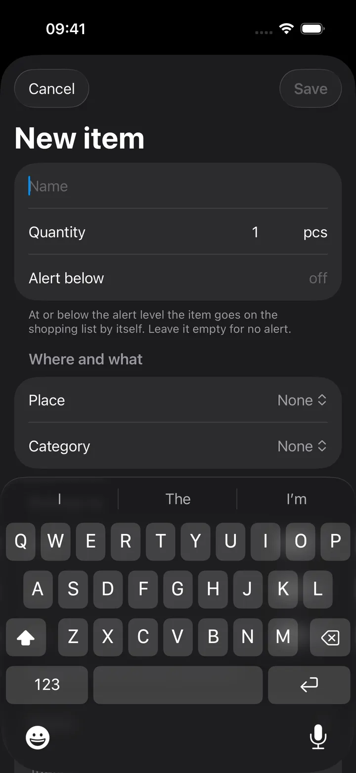 New item: Name, Quantity with pcs, Alert below, the Place and Category pickers, the Belongs to toggles for Sam, Jo and Kai, the Details disclosure, Tags and Notes