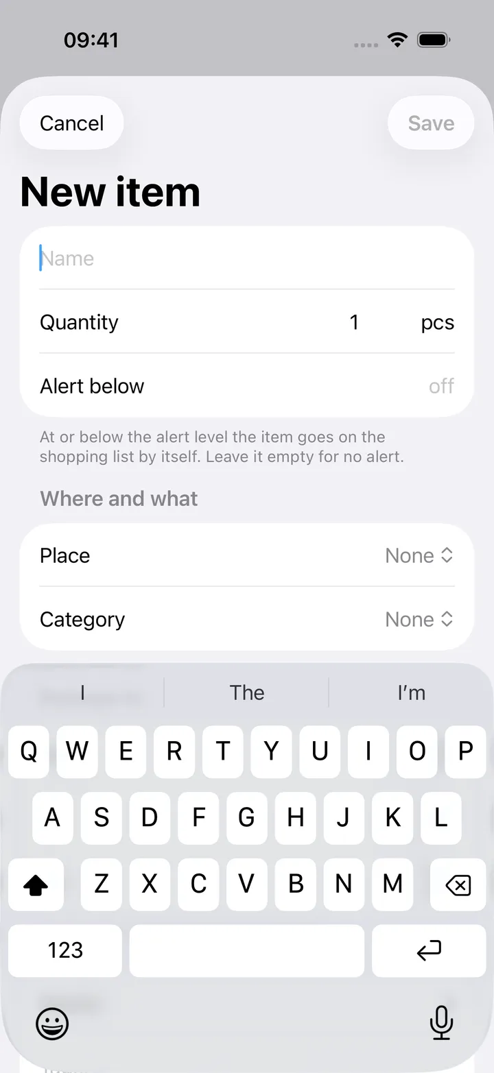 New item: Name, Quantity with pcs, Alert below, the Place and Category pickers, the Belongs to toggles for Sam, Jo and Kai, the Details disclosure, Tags and Notes